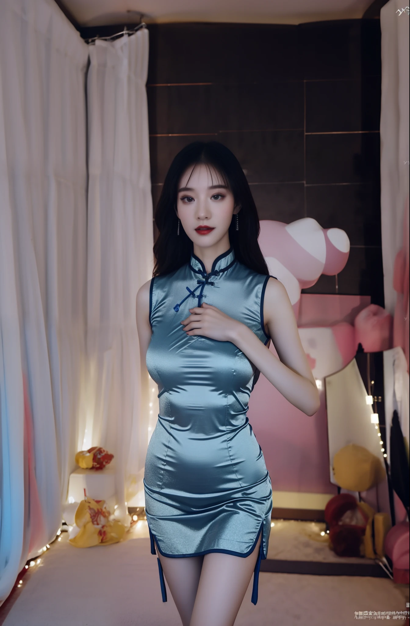 （Blue printed porcelain cheongsam），1个Giant Breast Girl，，（Behind the arm：1.1），（realisticlying：1.7），（（best qualtiy）），absurderes，（超高分辨率），（realisticlying：1.6），realisticlying，rendering by octane，（Hyper-realistic：1.2），（photo-realistic face：1.2），（8K），（4K），（tmasterpiece），（realistic skin textures），（illustratio，cinmatic lighting，the wallpaper），（beautidful eyes：1.2），（s the perfect face）））），（adolable），（standing on your feet），（brunette color hair），（long whitr hair），黑The eye，Redlip， （exteriors），on cheongsam，cleavage，blacksilk