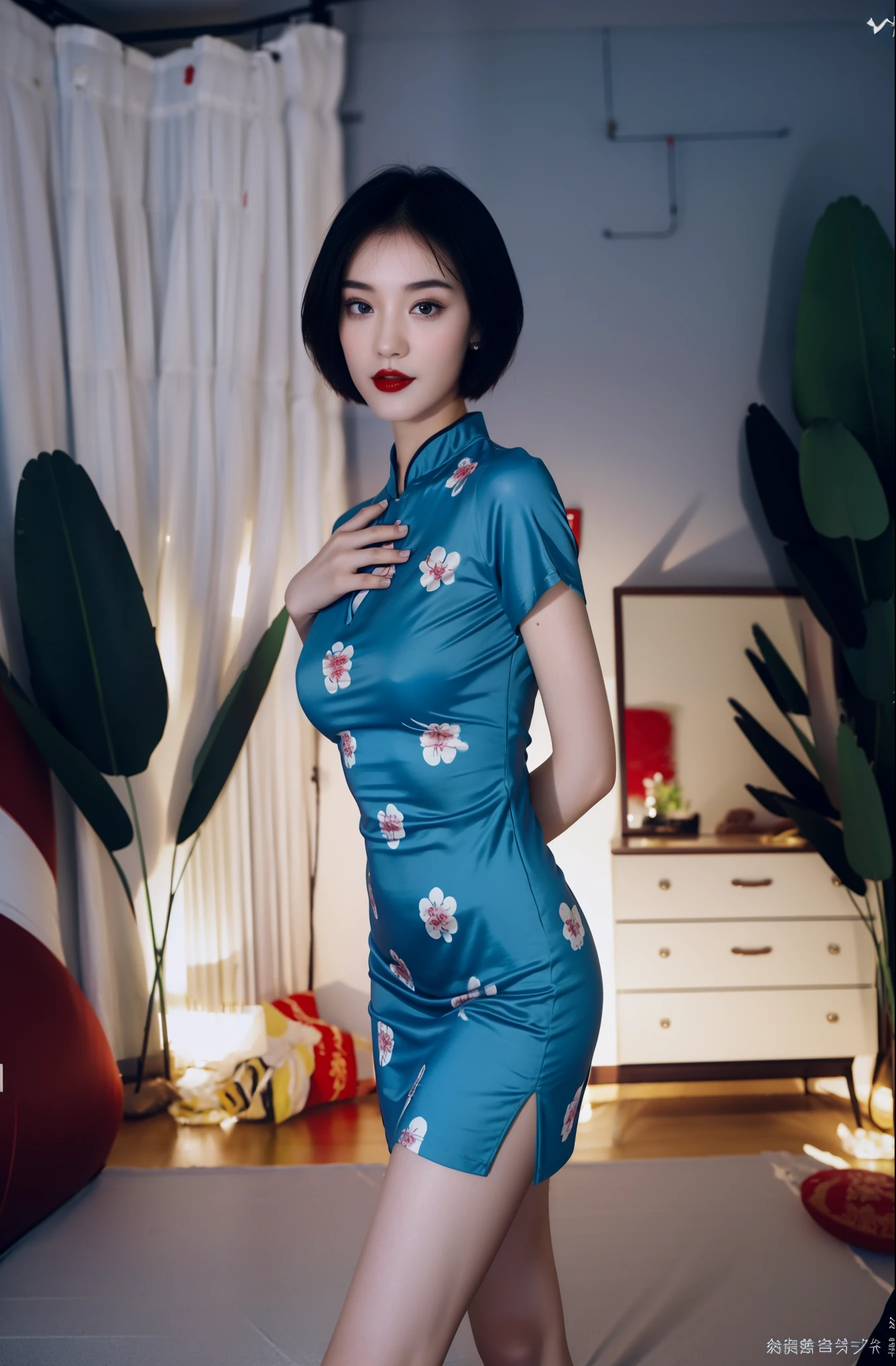 (blue printed china dress),1 girl,(short hair:1.1), (arms behind back:1.1),(realistic:1.7),((best quality)),absurdres,(ultra high res),(photorealistic:1.6),photorealistic,octane render,(hyperrealistic:1.2), (photorealistic face:1.2), (8k), (4k), (Masterpiece),(realistic skin texture), (illustration, cinematic lighting,wallpaper),( beautiful eyes:1.2),((((perfect face)))),(cute),(standing),(black hair),(short hair),black eyes,red lips, (outdoors),