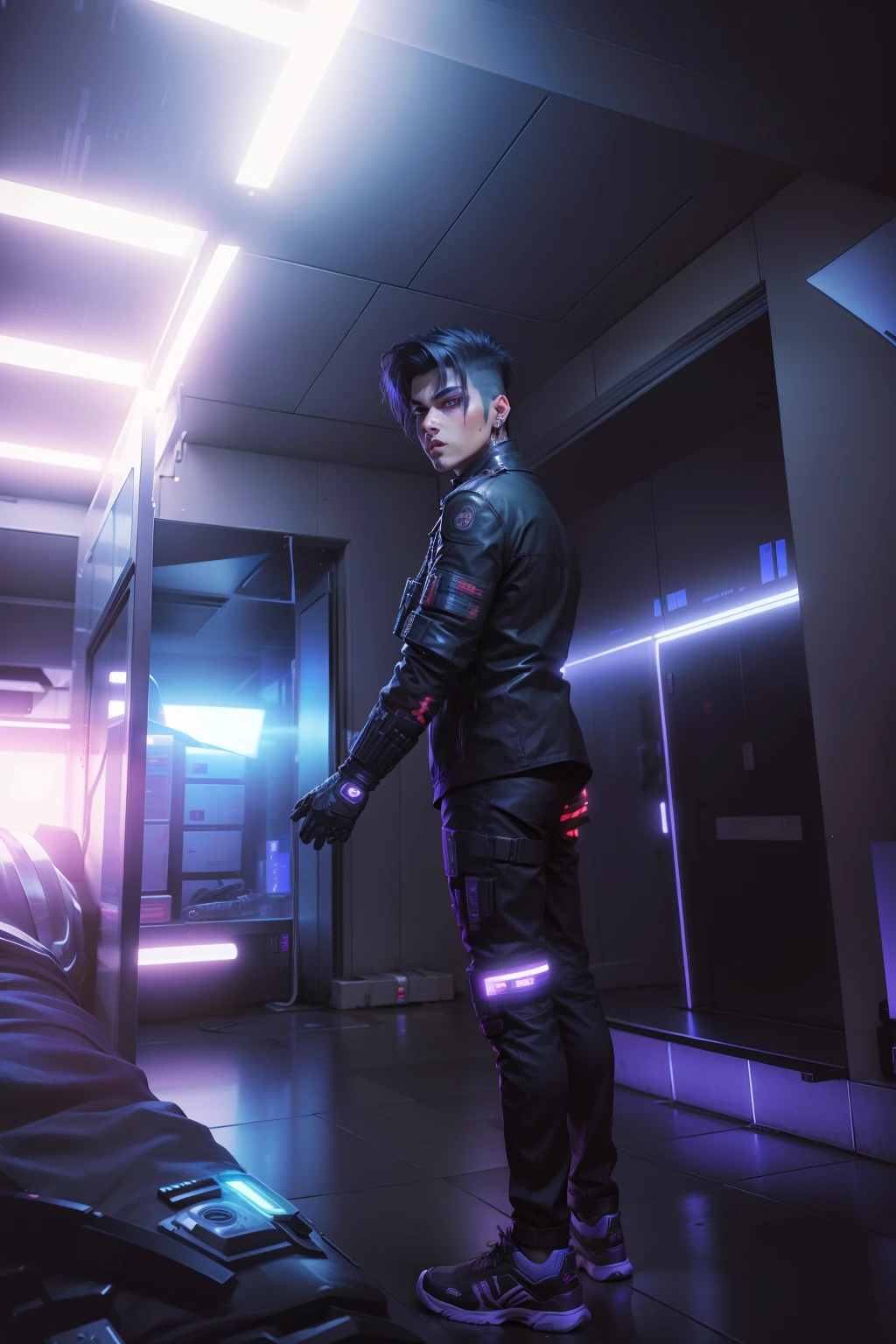 Change background cyberpunk handsome boy ultra realistic with 8k