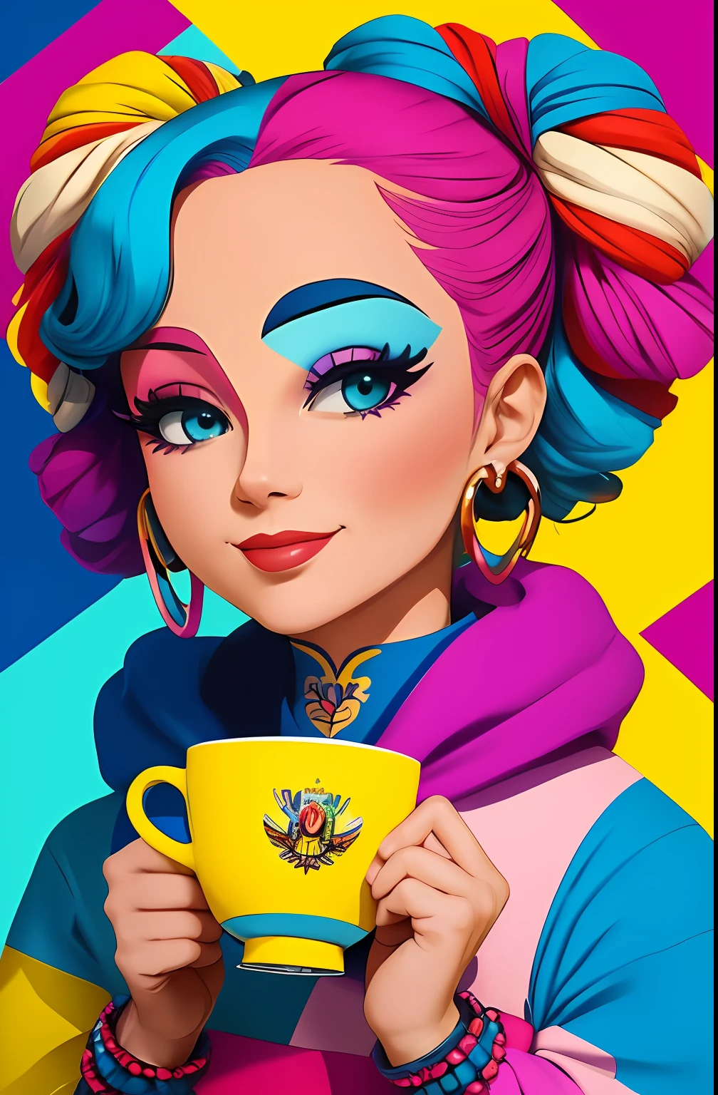 (A BEAUTIFUL HAPPY GERMAN WOMAN WITH A NICE CUP OF COFFEE COMING OUT SMOKE IN HER HAND, Beautiful cup ,Coloridas ,pink and blue and yellow WRITTEN WE COOFFE IN THE CUP ), Eduardo Kobra ,Romero Brito,The Filling Twins ,multidimensional geometric wall PORTRAIT, arte, Chibi,
Yang08k, lindo, Colouring,
Primary works, qualidade superior, melhor qualidade, Arte Oficial, Beautiful and Aesthetic, 128 mil