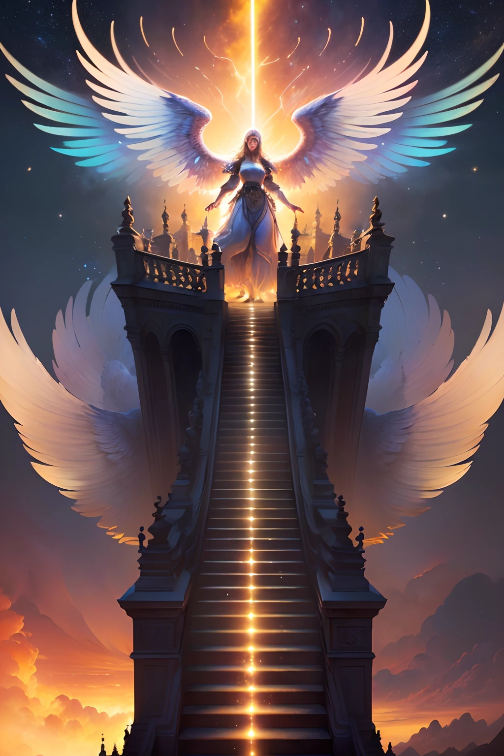 8k, ((melhor qualidade)), ((obra-prima)), (detalhado) realista , Imagem de um homem subindo um lance de escadas com uma espada, stairway to heaven, stairs from hell to heaven, Heaven and Hell, dramatic entry, heaven!!!!!!!!, heavens gate, entrance to ethereal realm, she is approaching heaven, para compreender o inferno ou ir angelical, gates of heaven, Directed by: Joseph-Marie Vien, celestial