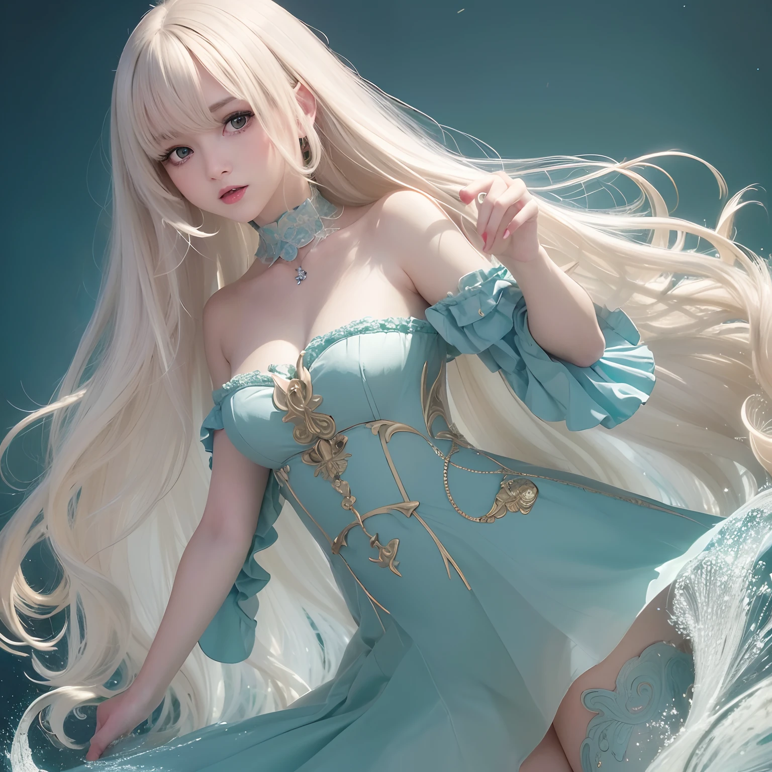 High image, Super Detail, High resolution, Anime, Manga, Illustration, Baby Doll Dresses, SPEEDLINE, Beautiful woman, Adult face, make up, Ecstatic expression, Amorous expression, Seductive look, Flowing layered messy wavy white medium hair, Big sparkling gold eyes, great proportion, perfectly proportions, slender, Full body, Beautiful light blue and emerald green background, Fantasy