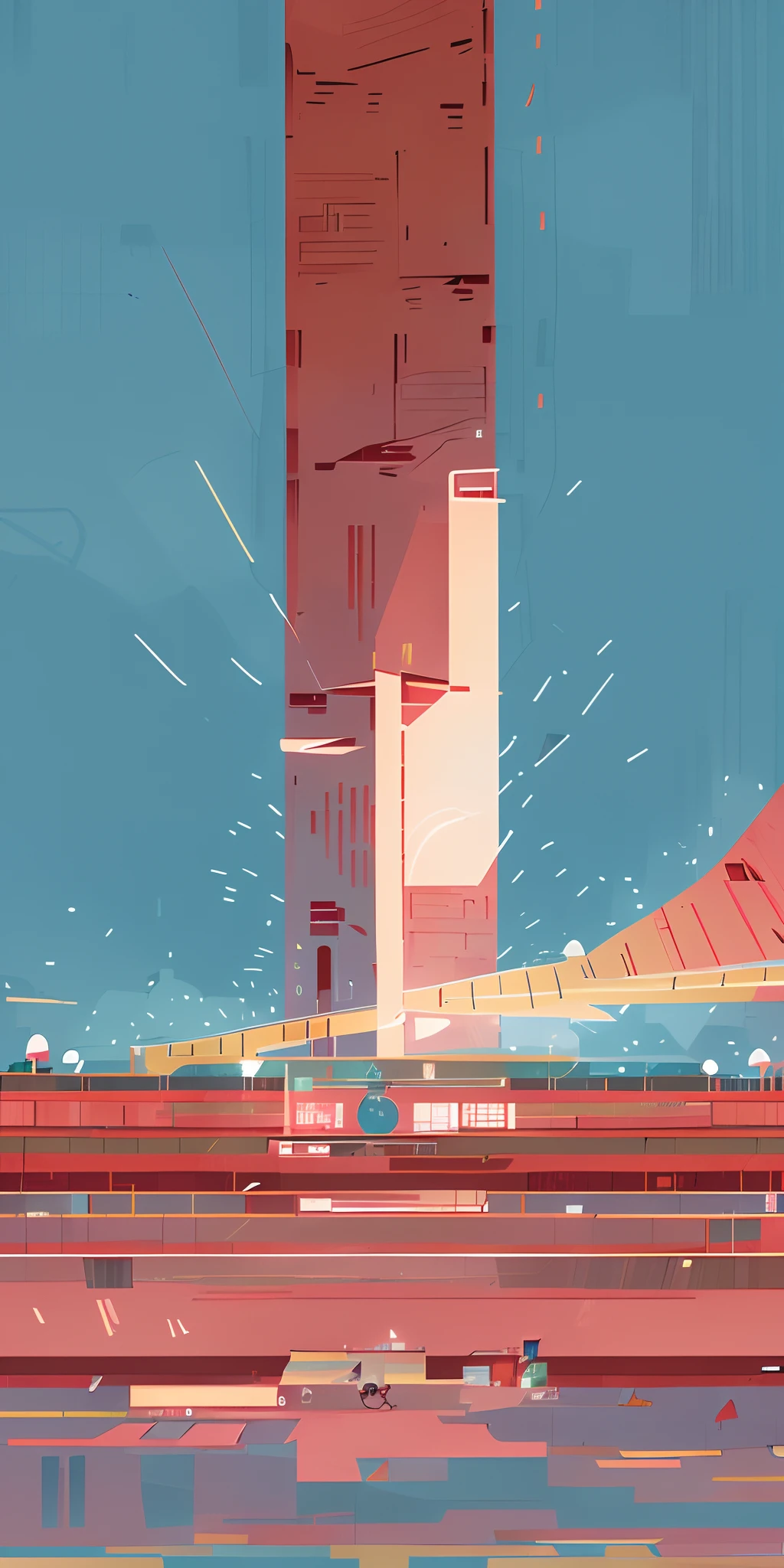 Eight Yi Nanchang Memorial Tower, Bayi Red Spirit,There is a painting of a train moving on the tracks, in style of atey ghailan, Inspired by Atey ghailan, atey ghailan 8 k, inspired by Emiliano Ponzi, in style of james gilleard, keyframe illustration, by Atey Ghailan, mirrors edge art style, digital concept art illustration, Visual development, sparth style