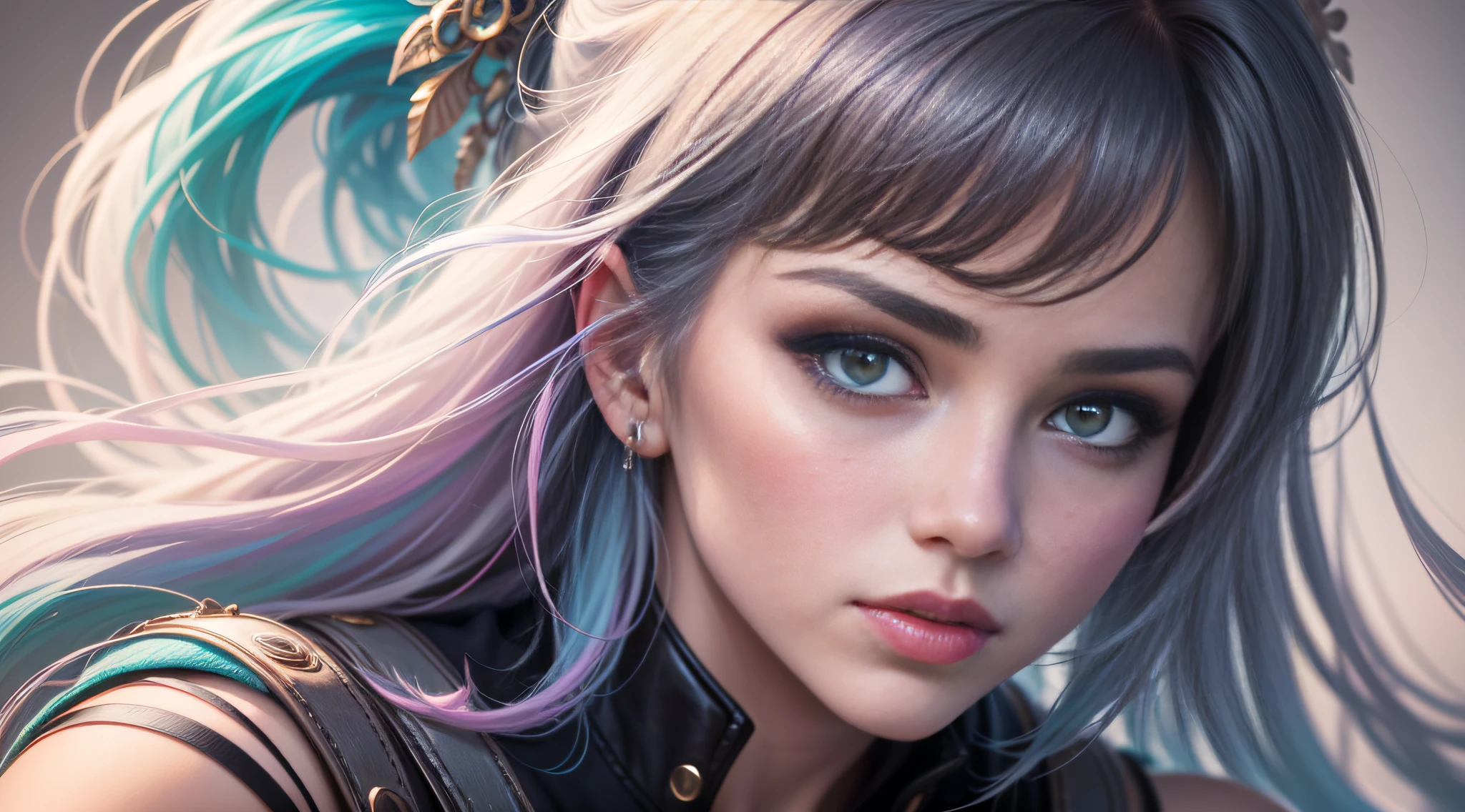 'Close up portait beautiful girl, prated hair, green eyes, in modern fighting costume, hyper realistic, pastel colors, complementary colors, soft colors, vibrant colors, dramatic colors, vaporwave, retrowave, black and white, colorfull, artochrome, highly detailed, 4K'