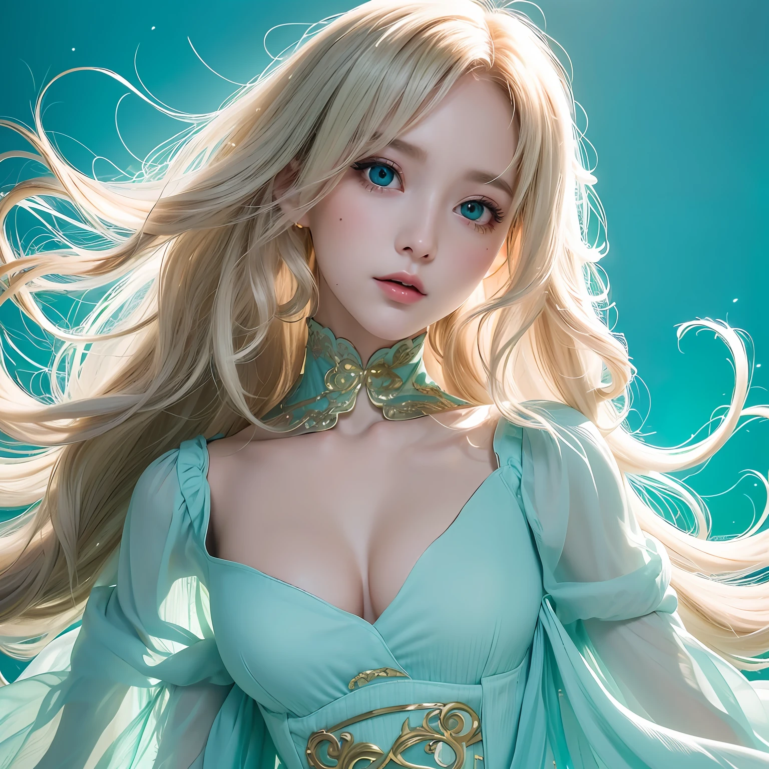 High image, Super Detail, High resolution, Anime, Manga, Illustration, Baby Doll Dresses, SPEEDLINE, Beautiful woman, Adult face, make up, Ecstatic expression, Amorous expression, Seductive look, Flowing layered messy wavy white medium hair, Big sparkling gold eyes, great proportion, perfectly proportions, slender, Full body, Beautiful light blue and emerald green background, Fantasy