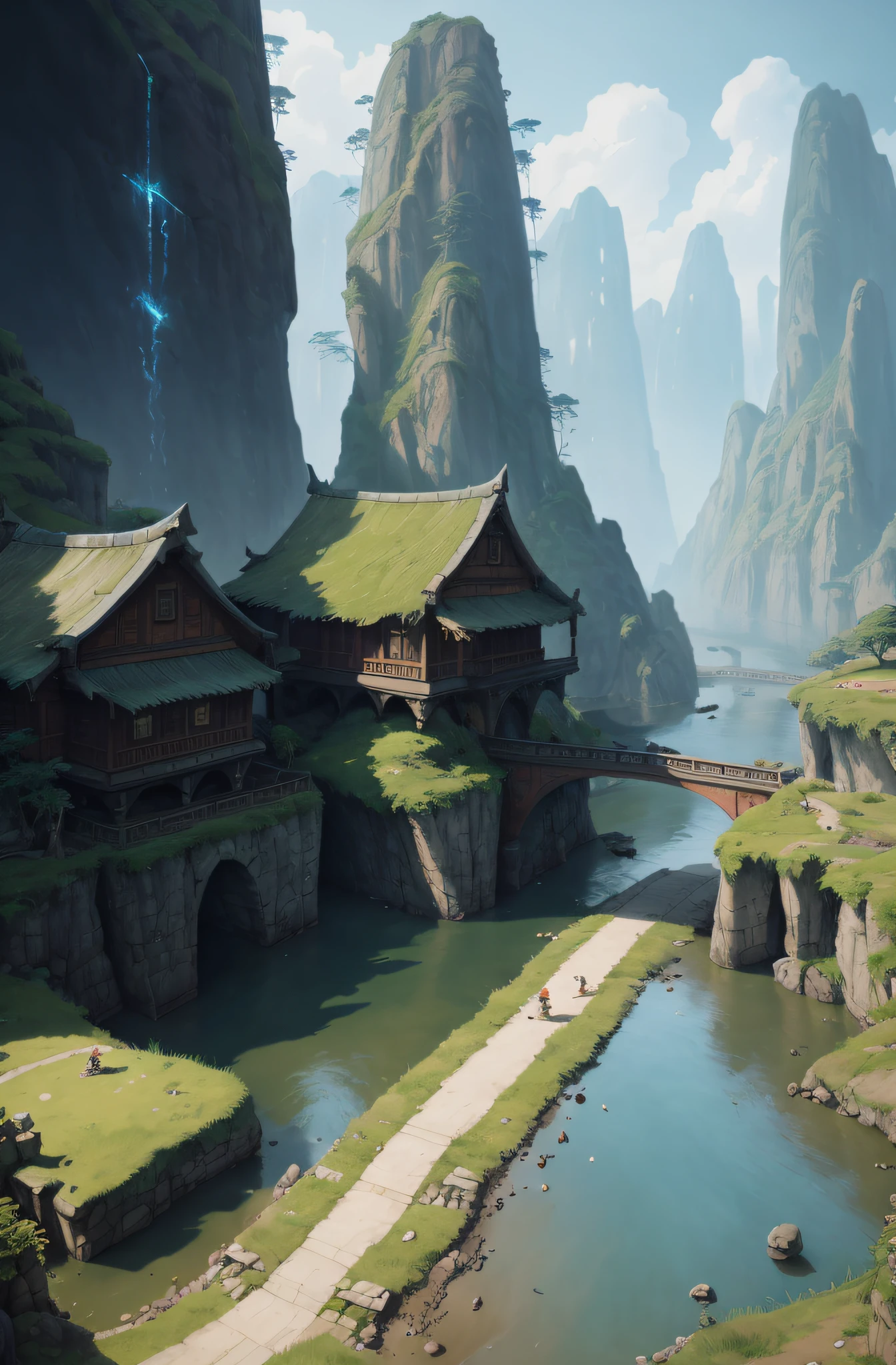 mountains and a river with a bridge in the middle of it, andreas rocha style, digital painting concept art, inspired by Andreas Rocha, ross tran. scenic background, environment painting, dota! matte painting concept art, dota matte painting concept art, smooth digital concept art, unreal enginedigital painting, rossdraws global illumination, illustration matte painting, painterly concept art