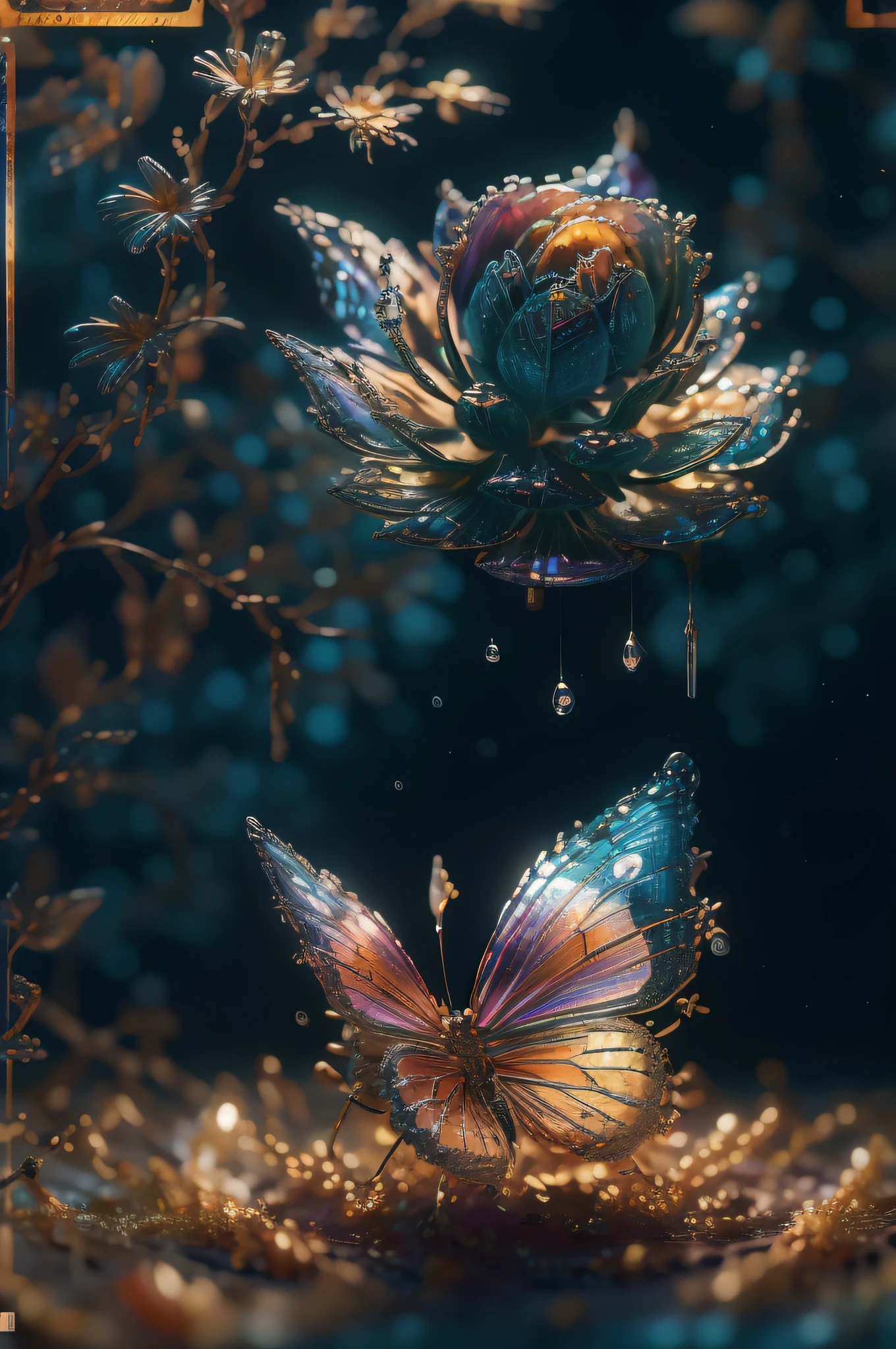 obra-prima da escultura de vidro com plantas, flores e rochas dentro, water, brilho, fantasia, alta qualidade, alto detalhe, melhor qualidade, rtx, 4k, 8k,