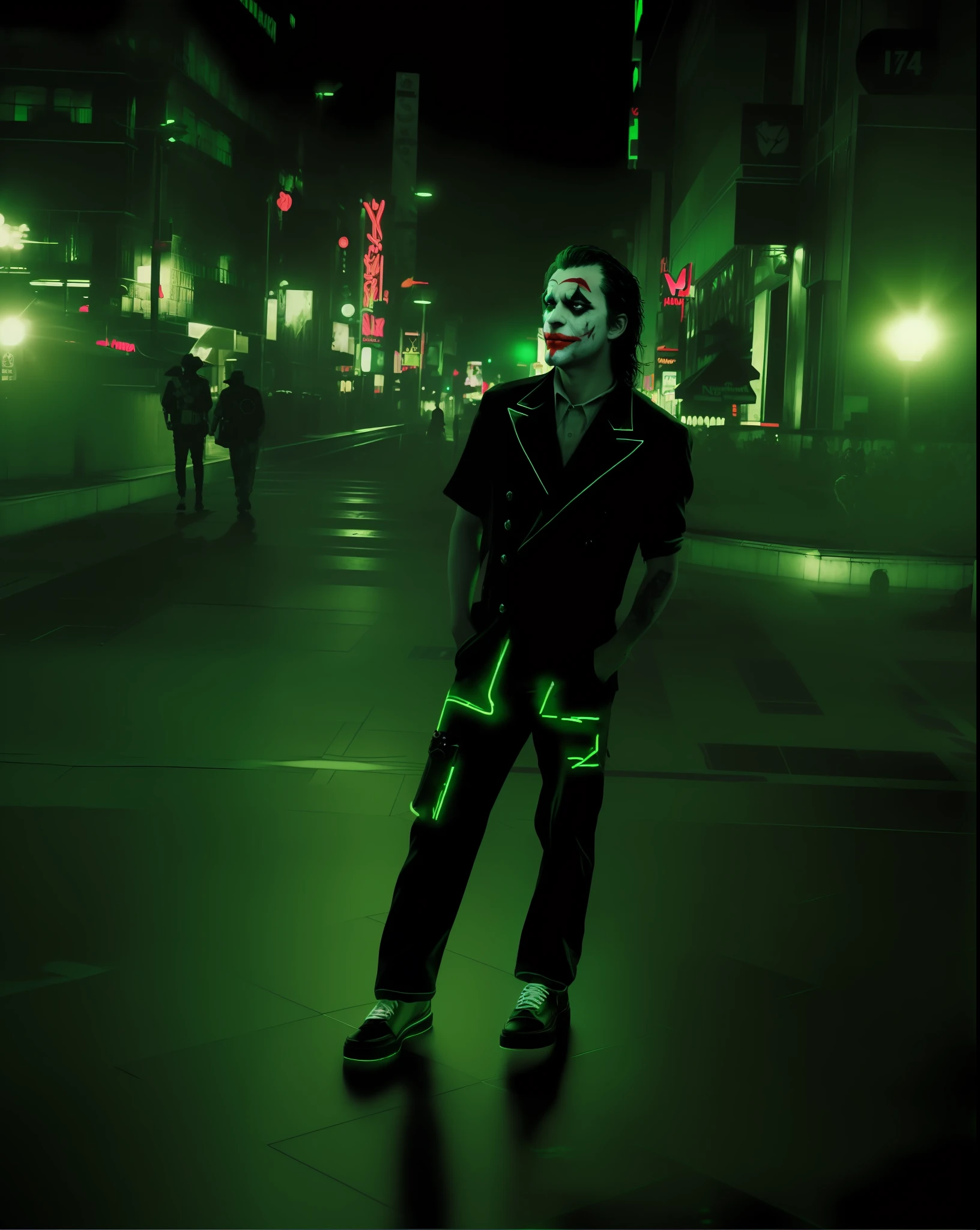 (((masterpiece)), (((highly detailed))), rtx, (photorealistic) illustration of a crazy [Joker] walking in city at night , sin city style, neon glowing, 8k, lens flares, unreal engine 5 render, scars in face, intricate, ultra detailed, detailed face,