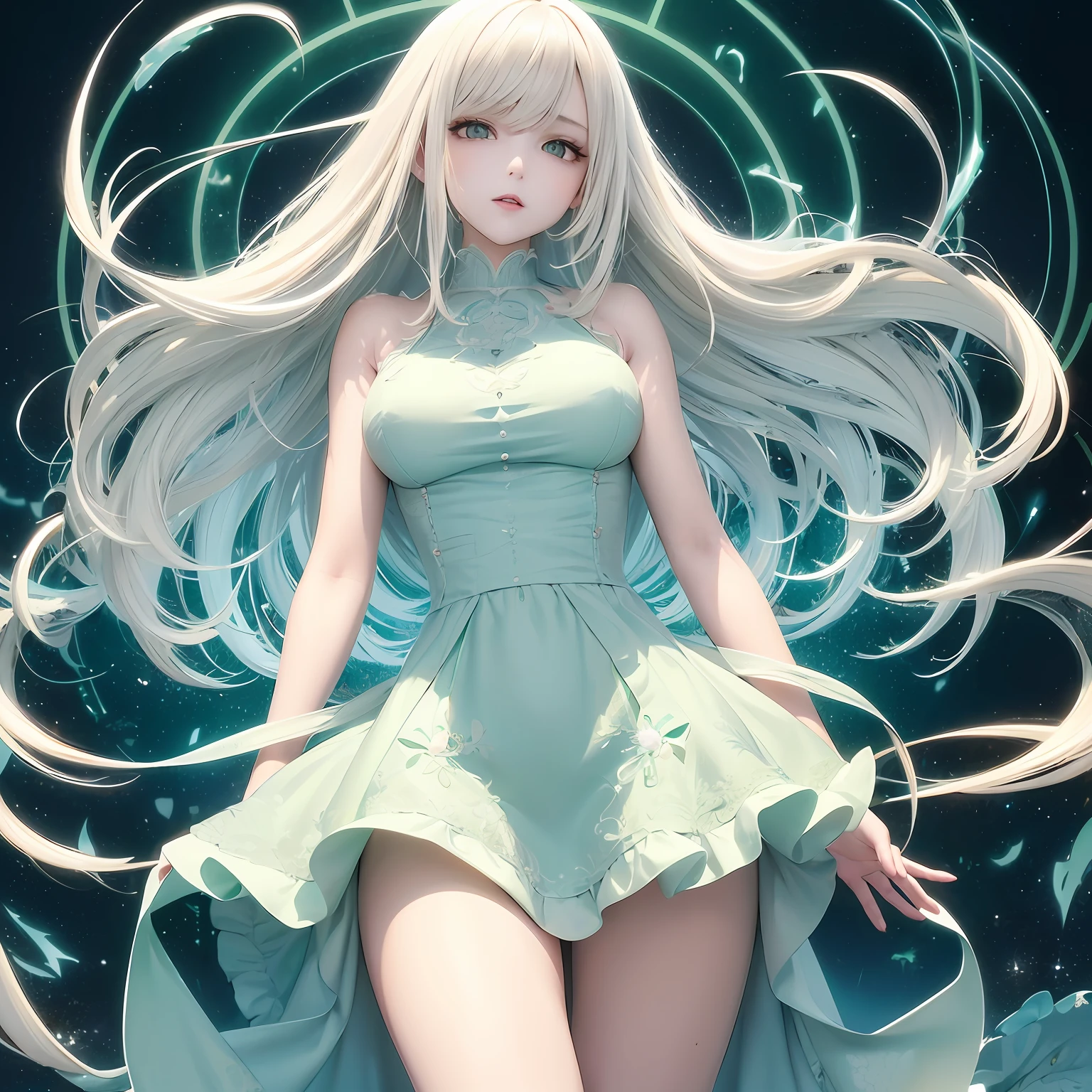 high image, super detail, high resolution, anime, manga, illustration, babydoll dress, speed line, beautiful woman, adult face, make up, ecstatic expression, amorous expression, seductive look, flowing layered messy wavy white medium hair, sparkling big gold eyes, great proportion, perfect proportion, slender, full body, beautiful light blue and emerald green background, fantasy
