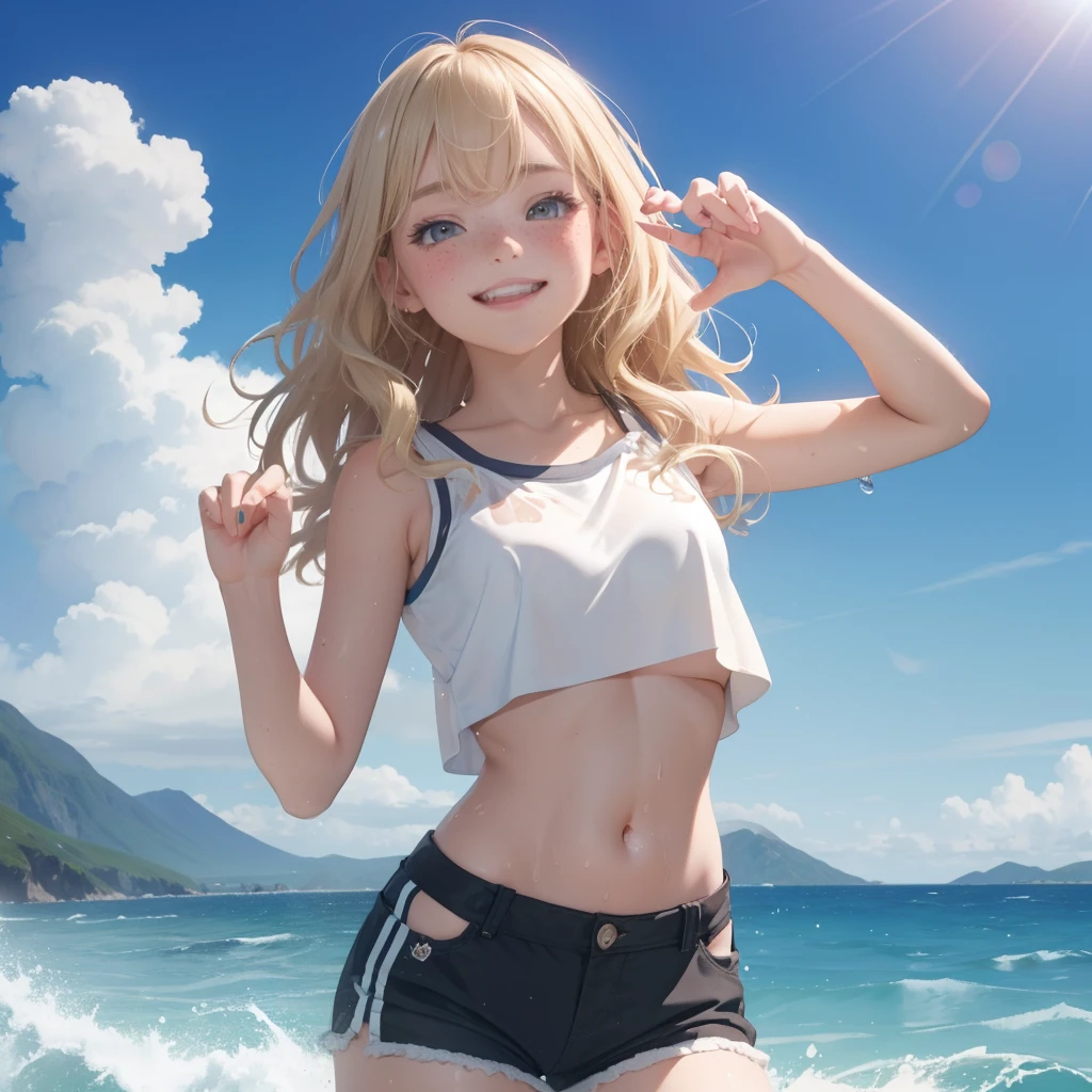 (best quality, masterpiece), 1girl, paw pose, smile, laughing, ocean, crop top, shorts, blonde, freckles, blush, looking at viewer, wavy hair, cloud, splashing, waves, sun, mountain, wet