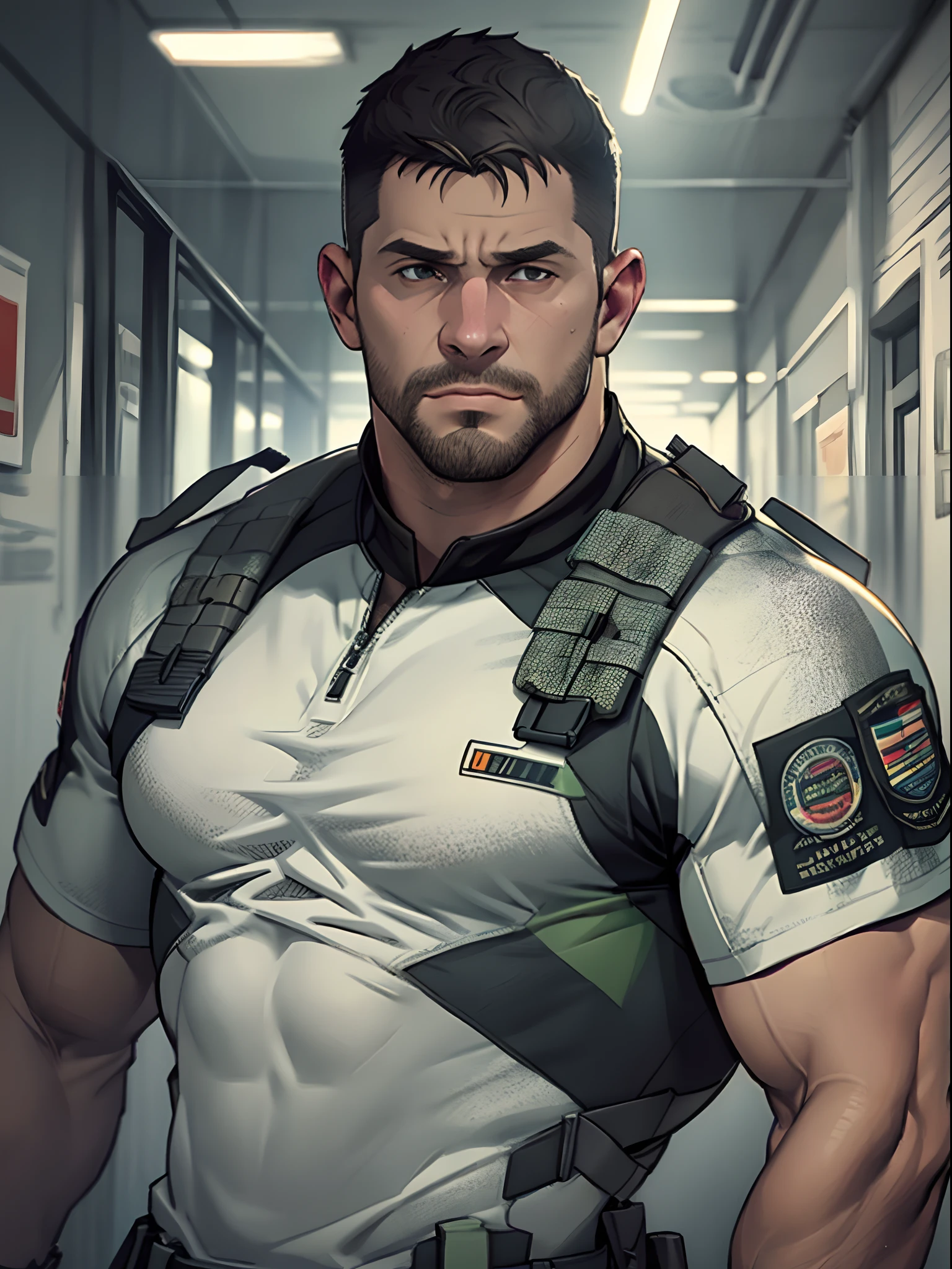 1 man, solo, 35 year old, Chris Redfield, wearing green T shirt, smirks, white color on the shoulder and a bsaa logo on the shoulder, millitary tactical suit, tall and hunk, biceps, abs, chest, best quality, masterpiece, high resolution:1.2, upper body shot, dark black gloomy hallway in the background, detailed face, shadow, volumetric lighting, center focus, low camera angle