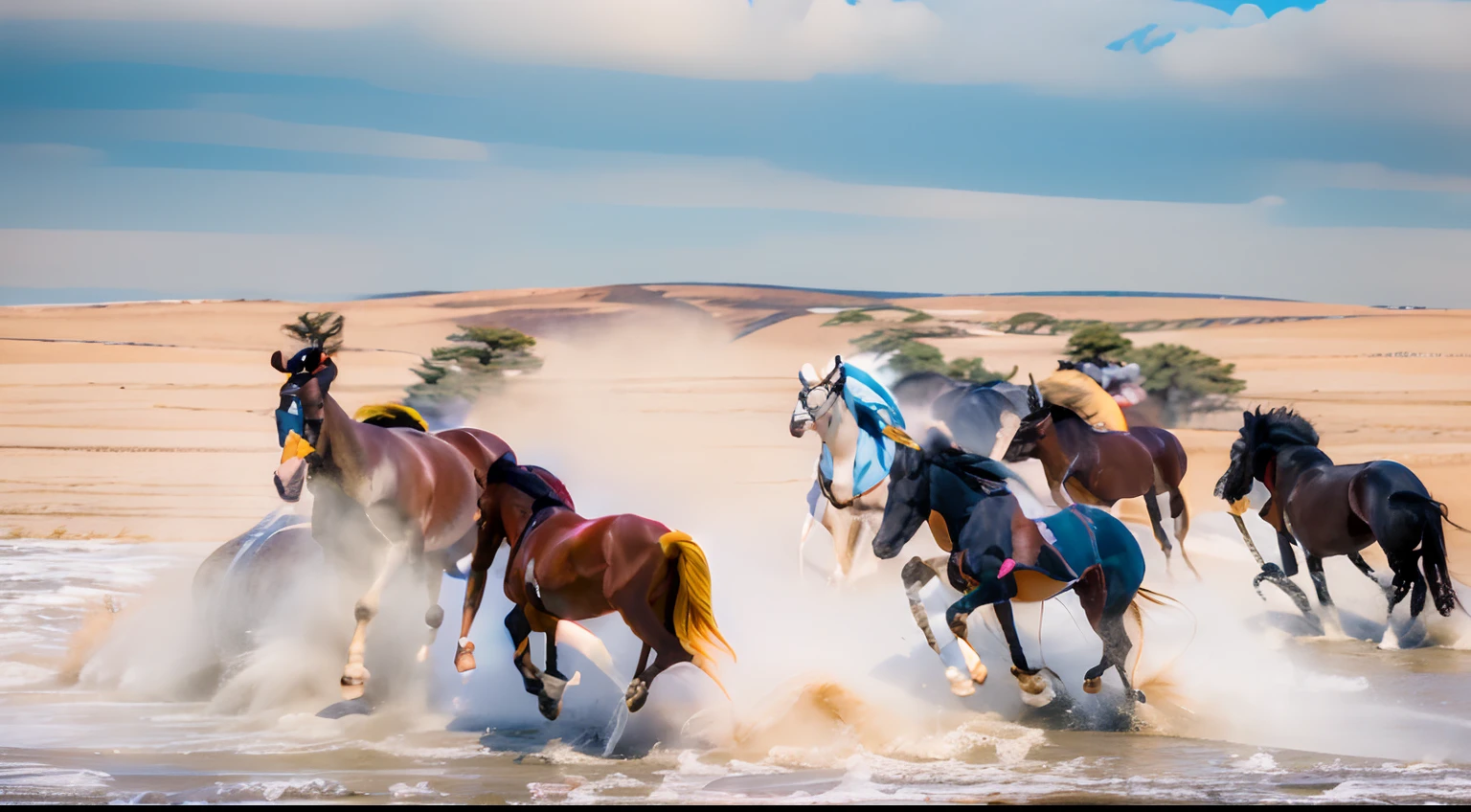 8 horses,Ultra-grand scenes,super wide shot,1#cavalos,2#cavalos,3#cavalos,4#cavalos,5#cavalos,6#cavalos,7#cavalos,8#cavalos。Eight extremely special and rare horses surround each other,A large herd of horses galloped ahead,Gallop across the steppe like a clock。The vast plains of the epic scene are rich in aquatic plants,In the distance is the snow-capped summit of Mount Everest,Snow creek flows into the sea,At the other end is the magnificent giant city,The horse team entered and exited from the city gate。The Lightcast Pegasus from the Supreme Heaven has a rainbow aperture from the Supreme Heaven,She rides between light and pure,No additional ornaments are needed to highlight her dignity and holiness,Even the sky showed her a clear sky,She has a deep enmity with the nightmare heavy ride from hell,The two never put their heads next to each other,Surrounded by sulphurous flames, the Hellmare Heavy Ride makes every time a horse's hooves fall, stepping flat grass out of the lava from the ground,The sky in the steppe is brighter,It makes the earth deeper。The wind wings of the wind elf horse let its position be erratic,She carries a cyan aperture lightly and always can't help but tease the mechanical horse,The mechanical horse is full of mecha beauty,The shoulder back position always reveals delicate mechanical fittings,Four kicks with a hydraulic pump and electromagnetic ejection device。Unicorns want to steal all horses from their pure and flawless beauty,But on the side, the fairy dragon horse is comparing with it,Their unique elven-patterned armor and colorful saddles make them the most stylish horses。The female knight is charging on her knightly warhorse,Her lofty ideals made her will unstoppable,There is no doubt that she is the protagonist of this picture。And a chaotic horse from uncharted territory,It blends in and has a weird style and chaotic colors that are almost unimaginable,This gives the whole picture an extremely dangerous uncertainty,The slightest mistake c