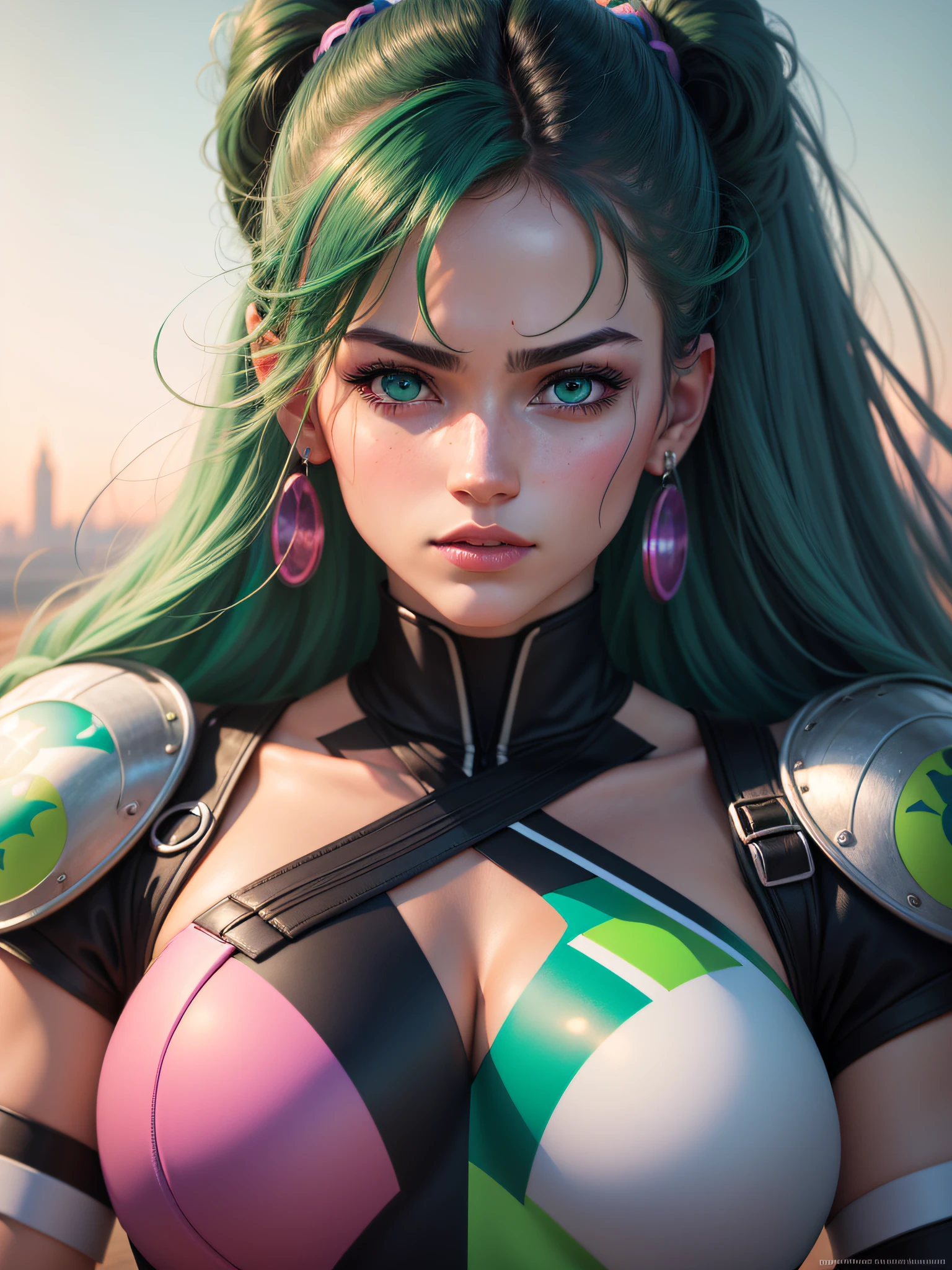 'Close up portait beautiful girl, prated hair, green eyes, in modern fighting costume, hyper realistic, pastel colors, complementary colors, soft colors, vibrant colors, dramatic colors, vaporwave, retrowave, black and white, colorfull, artochrome, highly detailed, 4K'