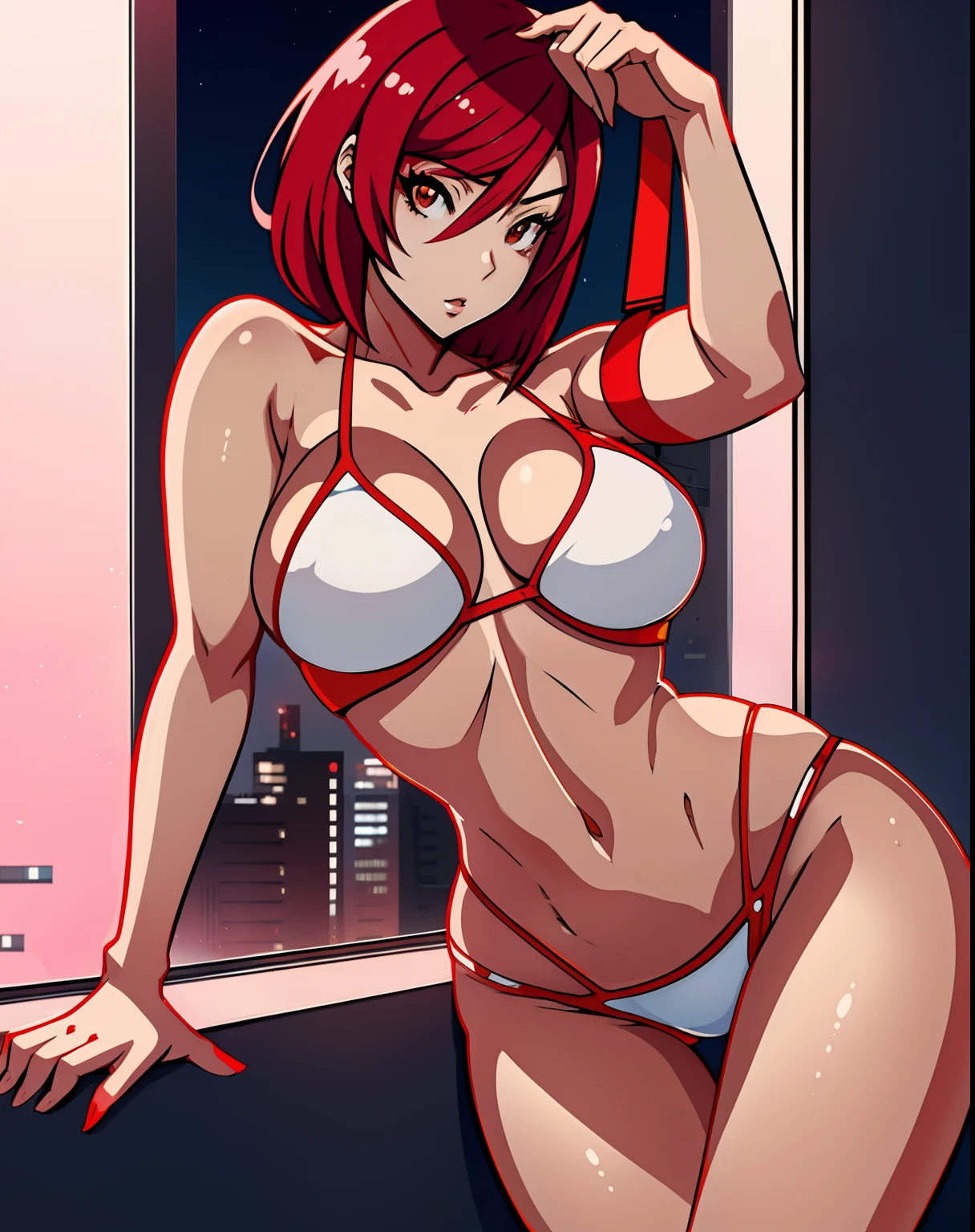 Chica de anime en bikini blanco sentada en un banco mirando por una ventana de espaldas, seductora chica de anime, cabello rojo brillante, Resplandor rojo, commission for high resolution, , por la noche, pose sexy, Hermosa y seductora mujer de anime