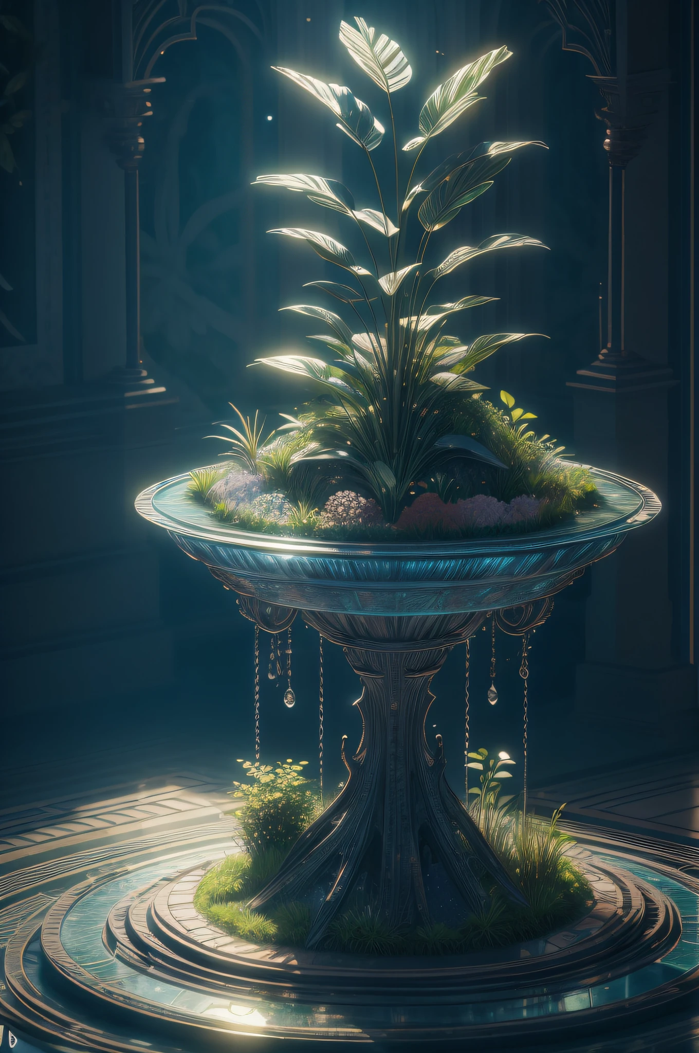 obra-prima da escultura de vidro com plantas, flores e rochas dentro, water, brilho, fantasia, alta qualidade, alto detalhe, melhor qualidade, rtx, 4k, 8k,