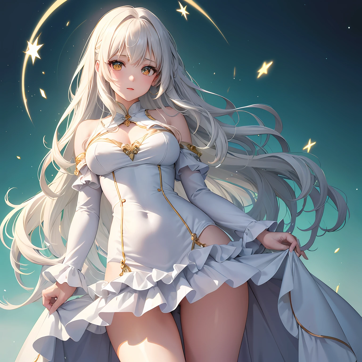 high image, super detail, high resolution, anime, manga, illustration, babydoll dress, speed line, beautiful woman, adult face, make up, ecstatic expression, amorous expression, seductive look, flowing layered messy wavy white medium hair, sparkling big gold eyes, great proportion, perfect proportion, slender, full body, beautiful light blue and emerald green background, fantasy
