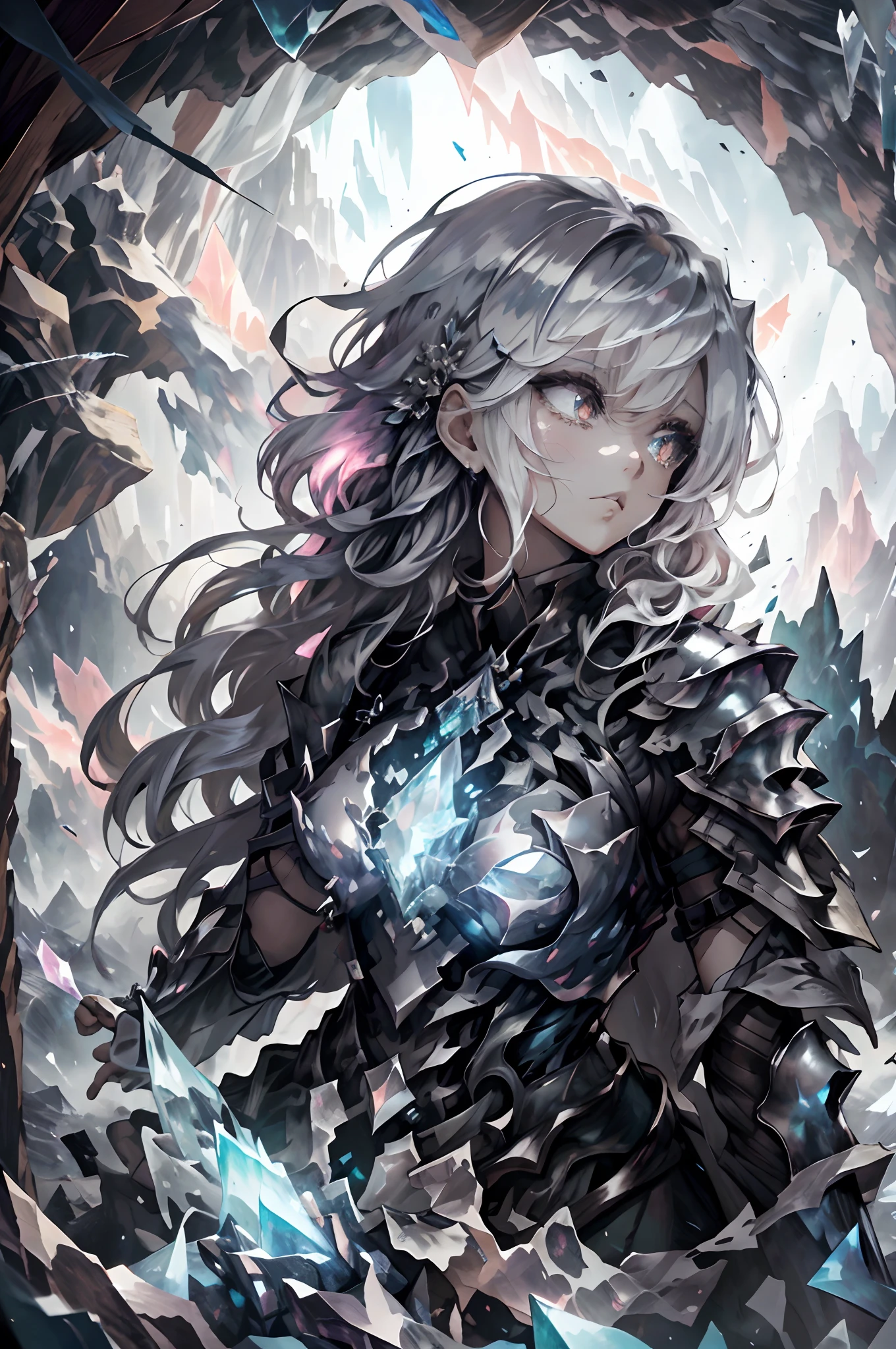 ​masterpiece, top-quality, hightquality, abyssal, This illustration is、It is a fantasy scene that combines a majestic atmosphere with romantic elements.....。Woman in black armor、Stand in majestic and heavy armor。Her armor is、Made of transparent material like glass.、It is engraved with a beautiful pattern、Emphasis on armor texture。

however、The armor is partially powdered々It has become.、Powder々Shards of glass flutter around her。This symbolizes eternal struggle and loss.、It exudes a sense of sadness and romance at the same time。The woman's expression is、It reflects the deep contemplation and memory of the past.、It expresses her inner complexity。

Powder々It became a shard of glass、Swaying in the wind、Beautiful glow in the night sky。This adds a fantastic and romantic element.、It gives the whole scene a mystical atmosphere。Female Warrior and Powder々By crossing the glass dance that became,、Past and present、It expresses the moment when reality and fantasy intersect。

This illustration is、Armor powder like glass々will be、It depicts a fantasy world where tragedy and romantic elements are fused。