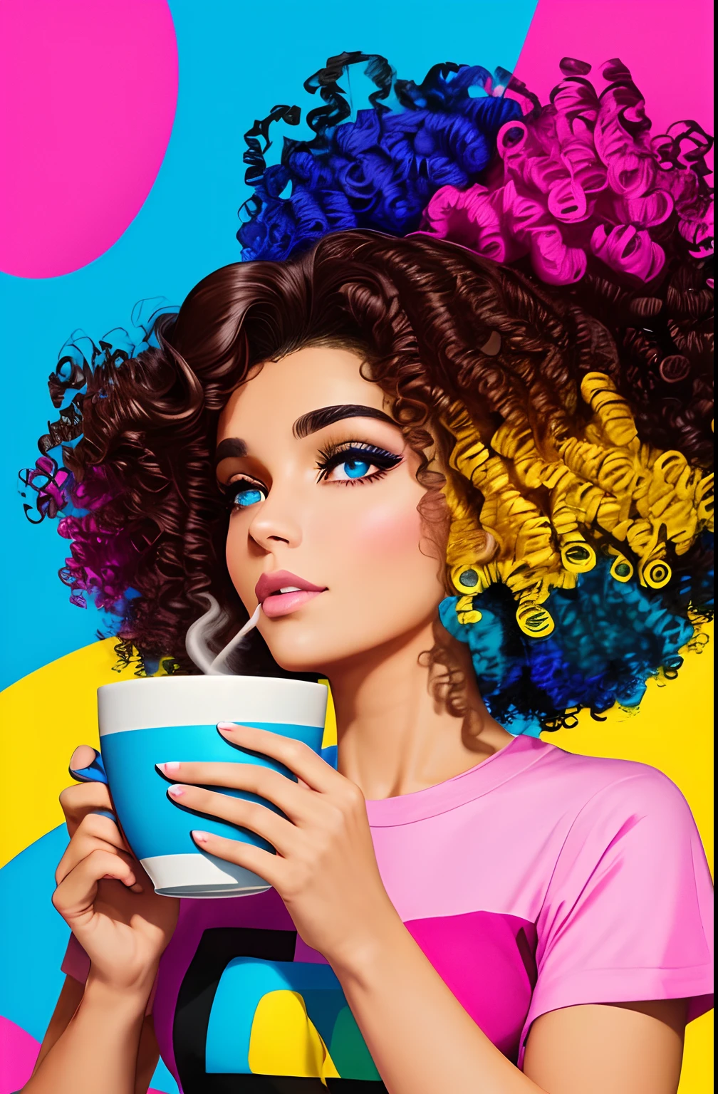 (A BEAUTIFUL BRUNETTE WOMAN HAPPY CURLY HAIR WITH A GOOD CUP OF COFFEE COMING OUT SMOKE IN HER HAND, Beautiful cup ,Coloridas ,pink and blue and yellow WRITTEN WE COOFFE IN THE CUP ), Eduardo Kobra ,Romero Brito,The Filling Twins ,multidimensional geometric wall PORTRAIT, arte, Chibi,
Yang08k, lindo, Colouring,
Primary works, qualidade superior, melhor qualidade, Arte Oficial, Beautiful and Aesthetic, 128 mil