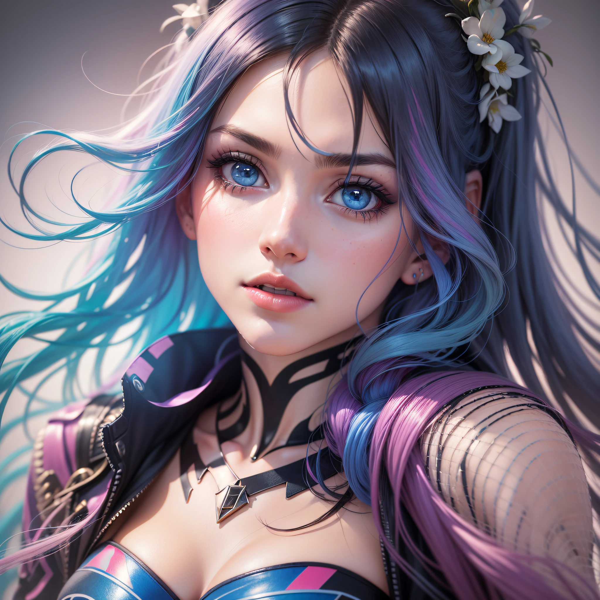 'Close up portait beautiful girl, prated hair, blue eyes, in modern fighting costume, hyper realistic, pastel colors, complementary colors, soft colors, vibrant colors, dramatic colors, vaporwave, retrowave, black and white, colorfull, artochrome, highly detailed, 4K'