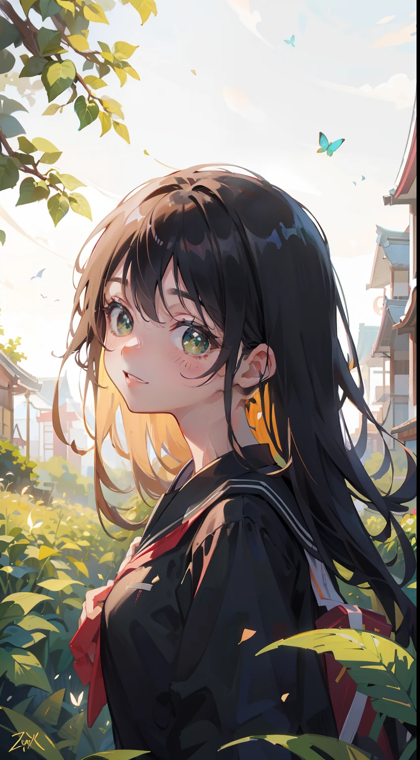 masterpiece), best quality, beautiful detailed hair detailed face, ultra high res, sharp focus, ((1 woman, solo)), perfect feminine face, upper body, magazine, (at the noon time:1.5), (from side), in garden, leaf, butterflies, look at viewer, (japanese all black uniform:1.5), ((beautiful shape eyes, green eyes)), chesnut brown hair, messy long hair, smiles, hands on sides