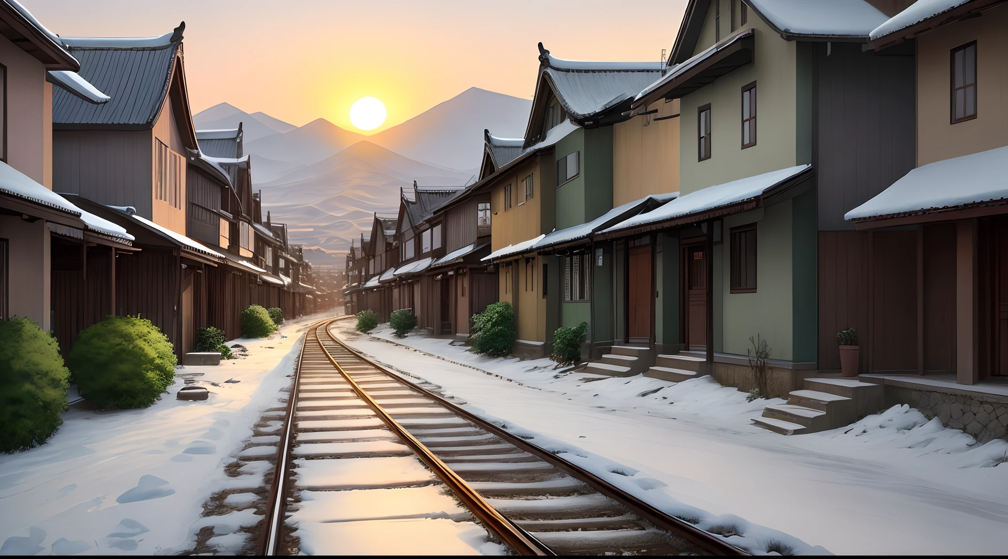 In the center of the picture is a female figure with pale green eyes。She has snow-white hair,Ride a stylish locomotive。In the background is a township street with a sunset。The afterglow of the setting sun spills over the entire street,Rendering a warm and tranquil atmosphere。The street is flanked by a row of low houses,The architecture is full of rustic character。In the distance there are rice paddies and green mountains,Reflect the street。The painting presents a sense of elegance and freedom,At the same time, it shows the tranquility and beauty of township life。