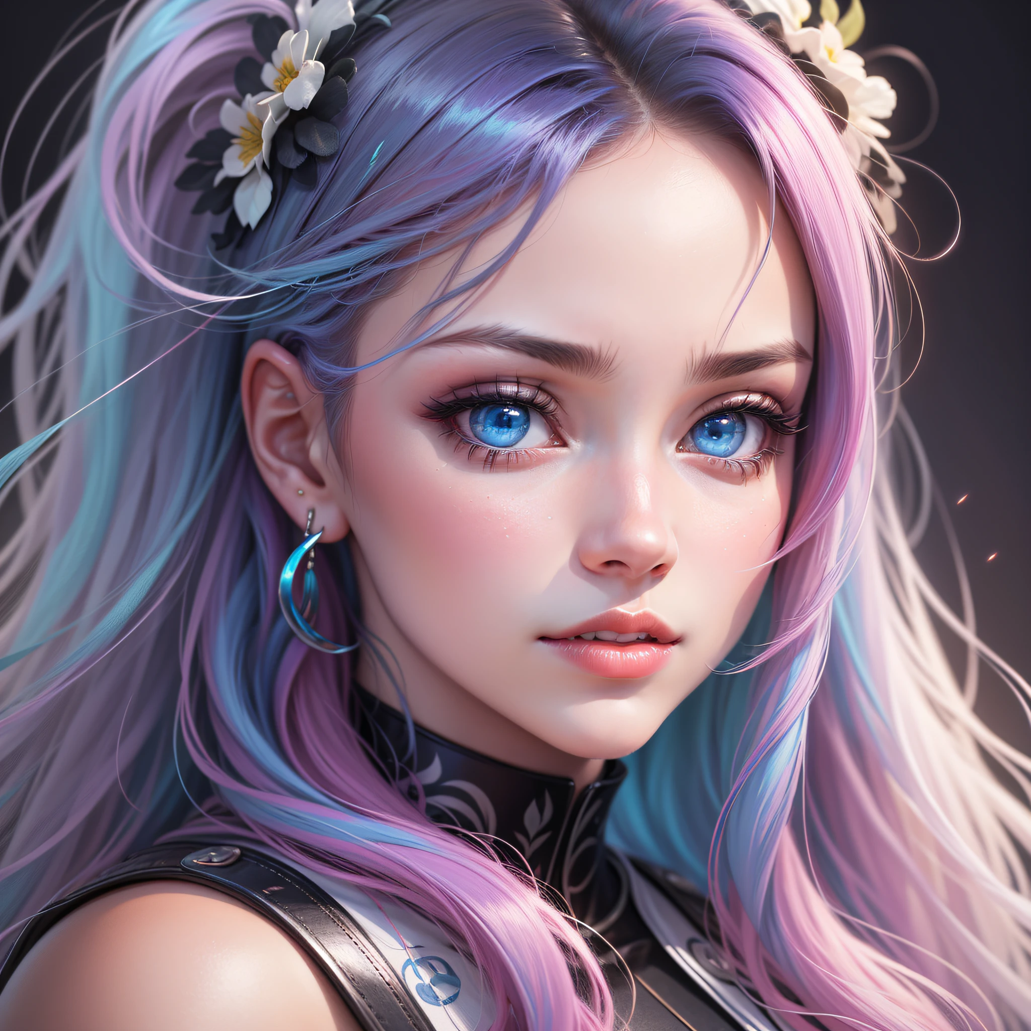 'Close up portait beautiful girl, prated hair, blue eyes, in modern fighting costume, hyper realistic, pastel colors, complementary colors, soft colors, vibrant colors, dramatic colors, vaporwave, retrowave, black and white, colorfull, artochrome, highly detailed, 4K'