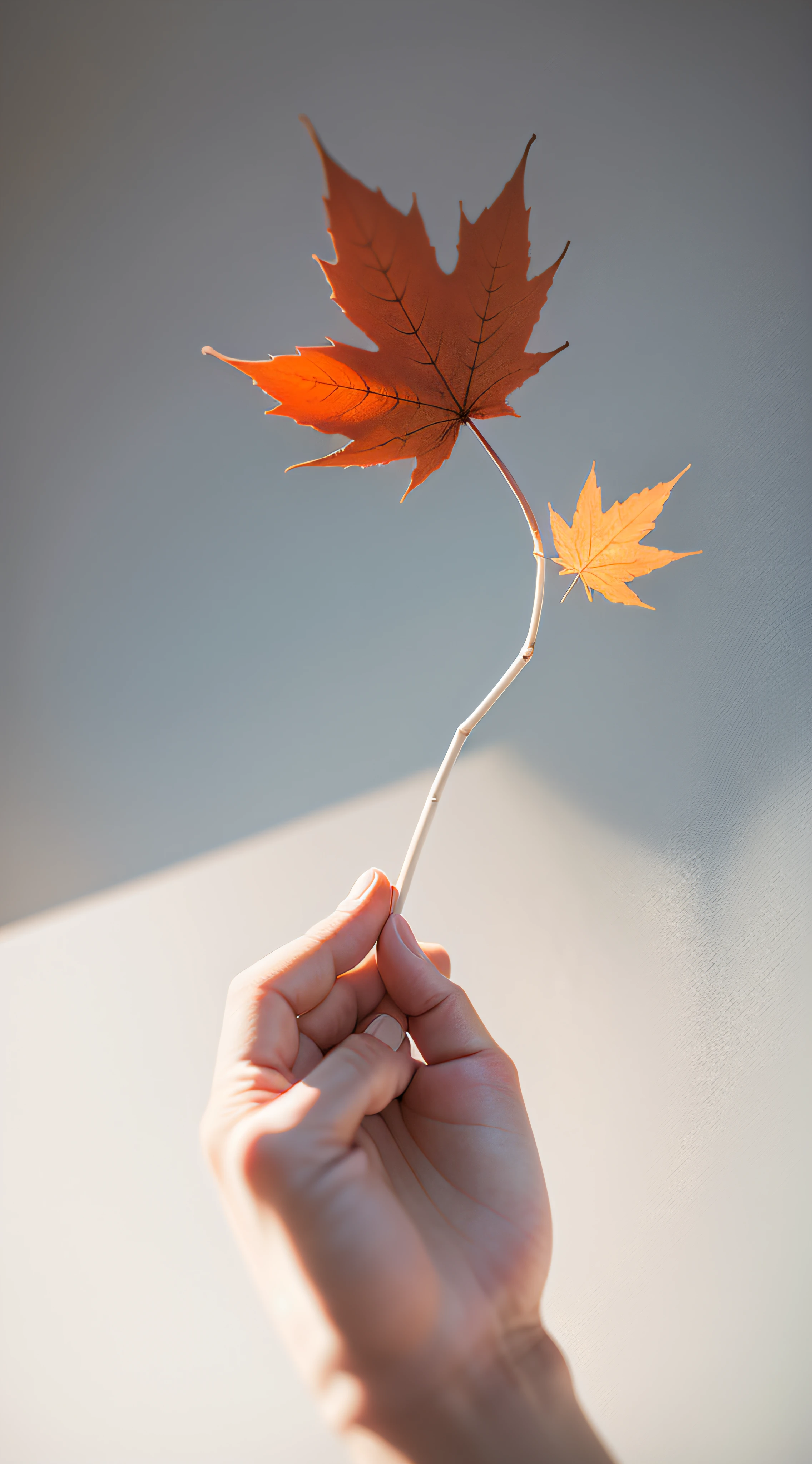 A maple leaf in one hand,white backgrounid,minimal style