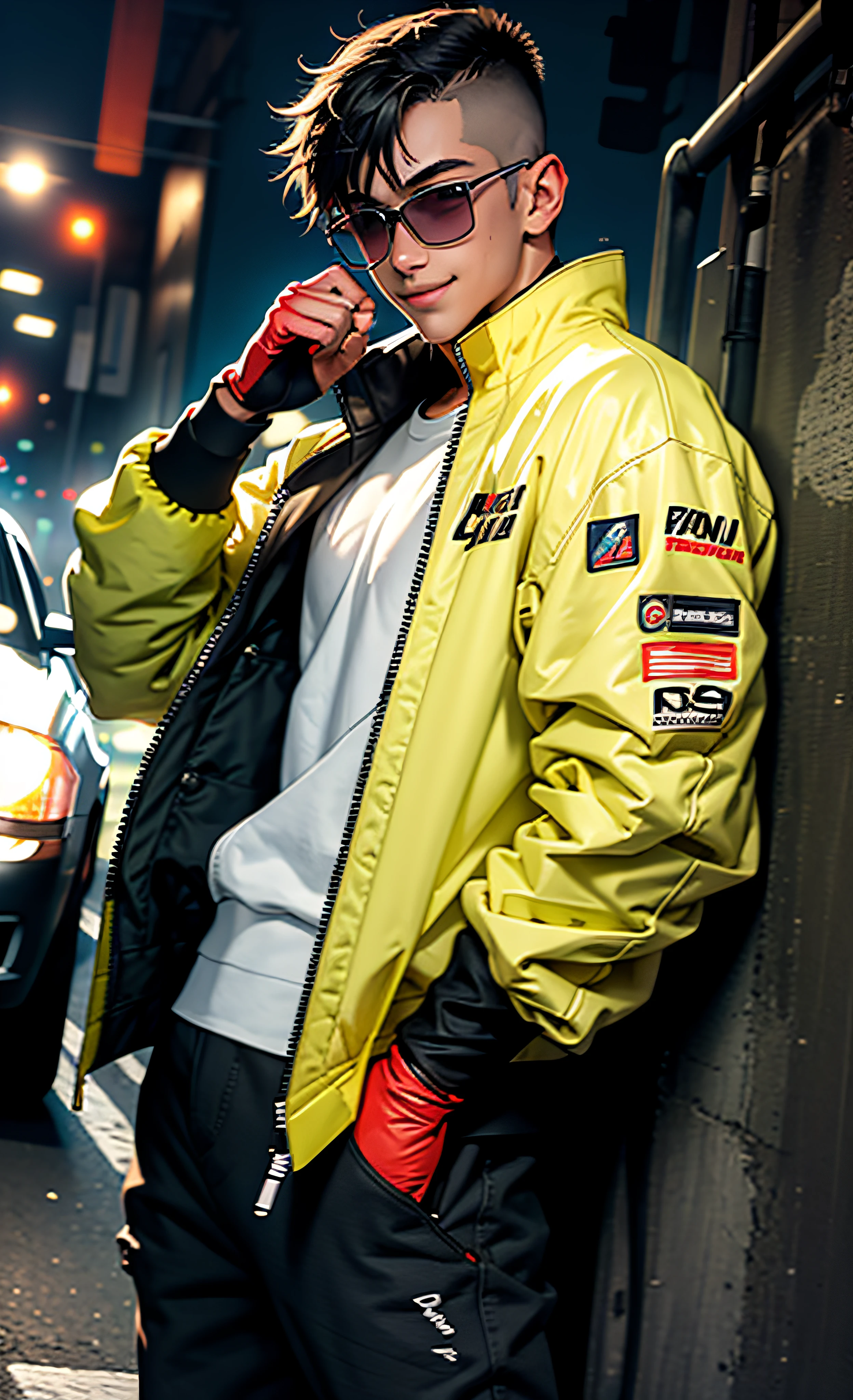 masterpiece, best quality, illustration, 1boy, underground street racing, oversized racing jacket, racing gloves, oversized clothes, car night, glow, glowing, close-up, smug, (smile:0.7), (from above:0.7)