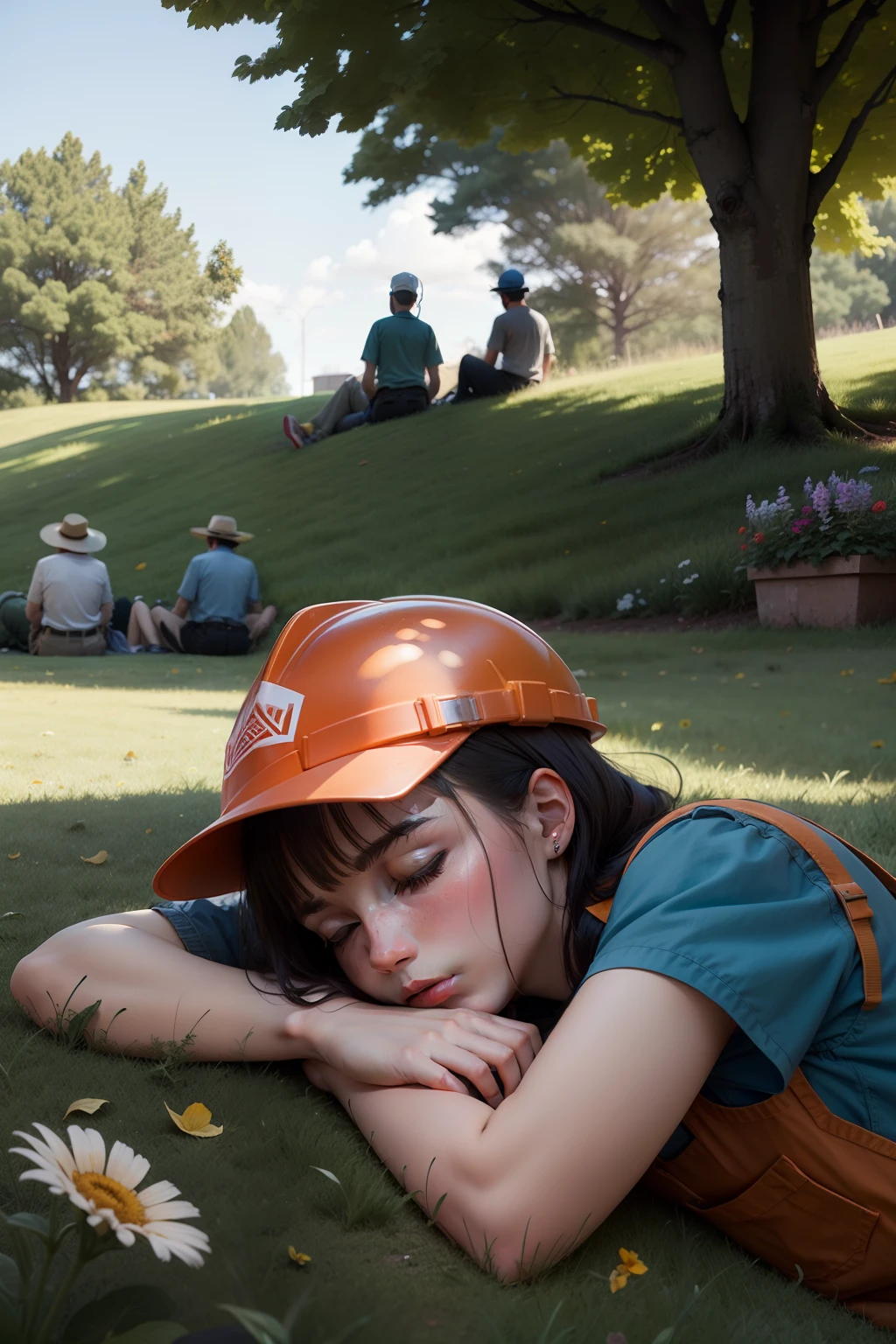 Workers lie on the lawn to rest
