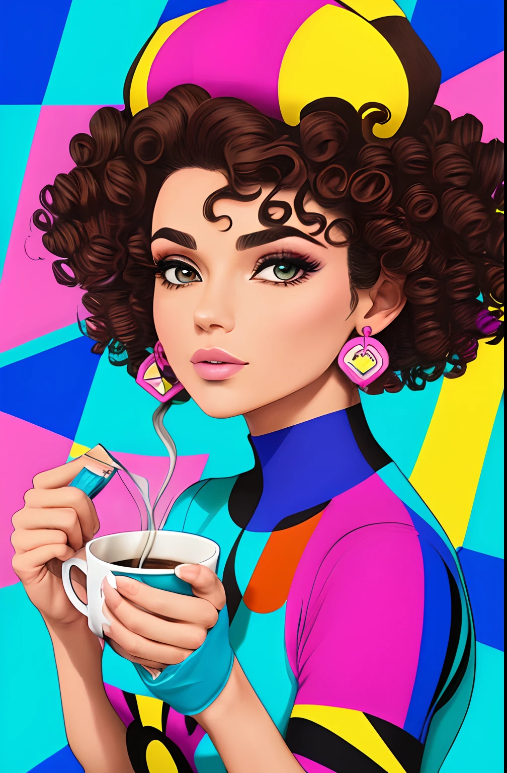 (A BEAUTIFUL BRUNETTE WOMAN HAPPY CURLY HAIR WITH A GOOD CUP OF COFFEE COMING OUT SMOKE IN HER HAND, Beautiful cup ,Coloridas ,pink and blue and yellow WRITTEN WE COOFFE IN THE CUP ),  Eduardo Kobra ,Romero Brito,The Filling Twins ,multidimensional geometric wall PORTRAIT, arte, Chibi,
Yang08k, lindo, Colouring,
Primary works, qualidade superior, melhor qualidade, Arte Oficial, Beautiful and Aesthetic, 128 mil