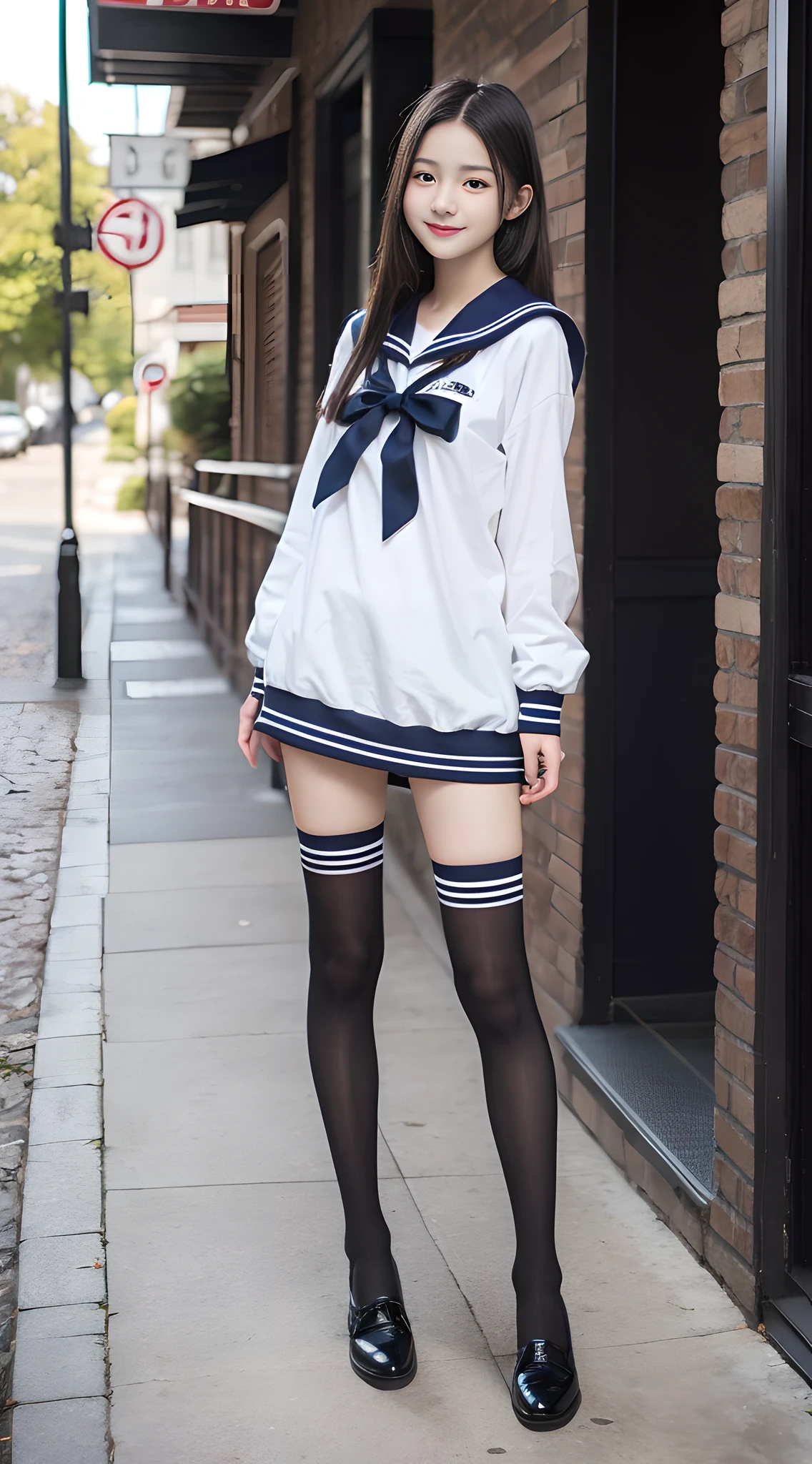 1girl, Cute, Black-haired, , Looks pure, sailor suit, Photography, Realistic, Best Quality, extremely detailed eyes and face, Full body, slender, Slender legs, Long legs, skinny, Wearing thigh-high socks, shoes on, School, dynamic pose, Smile, photo realistic, masterpiece