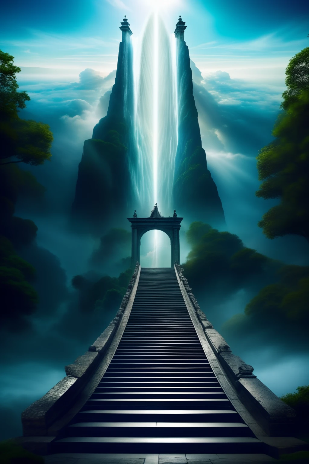 8k, ((melhor qualidade)), ((obra-prima)), (detalhado) Imagem de um homem subindo um lance de escadas com uma espada, stairway to heaven, stairs from hell to heaven, Heaven and Hell, dramatic entry, heaven!!!!!!!!, heavens gate, entrance to ethereal realm, she is approaching heaven, para compreender o inferno ou ir angelical, gates of heaven, Directed by: Joseph-Marie Vien, celestial