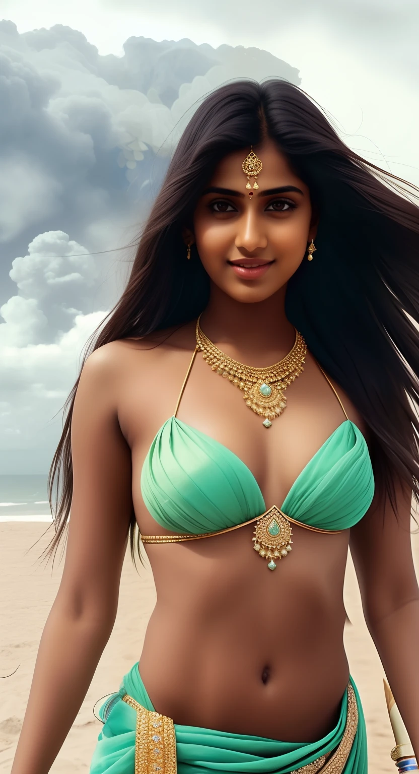 Replace with Indian girl with gold dress and big blue diamond necklace