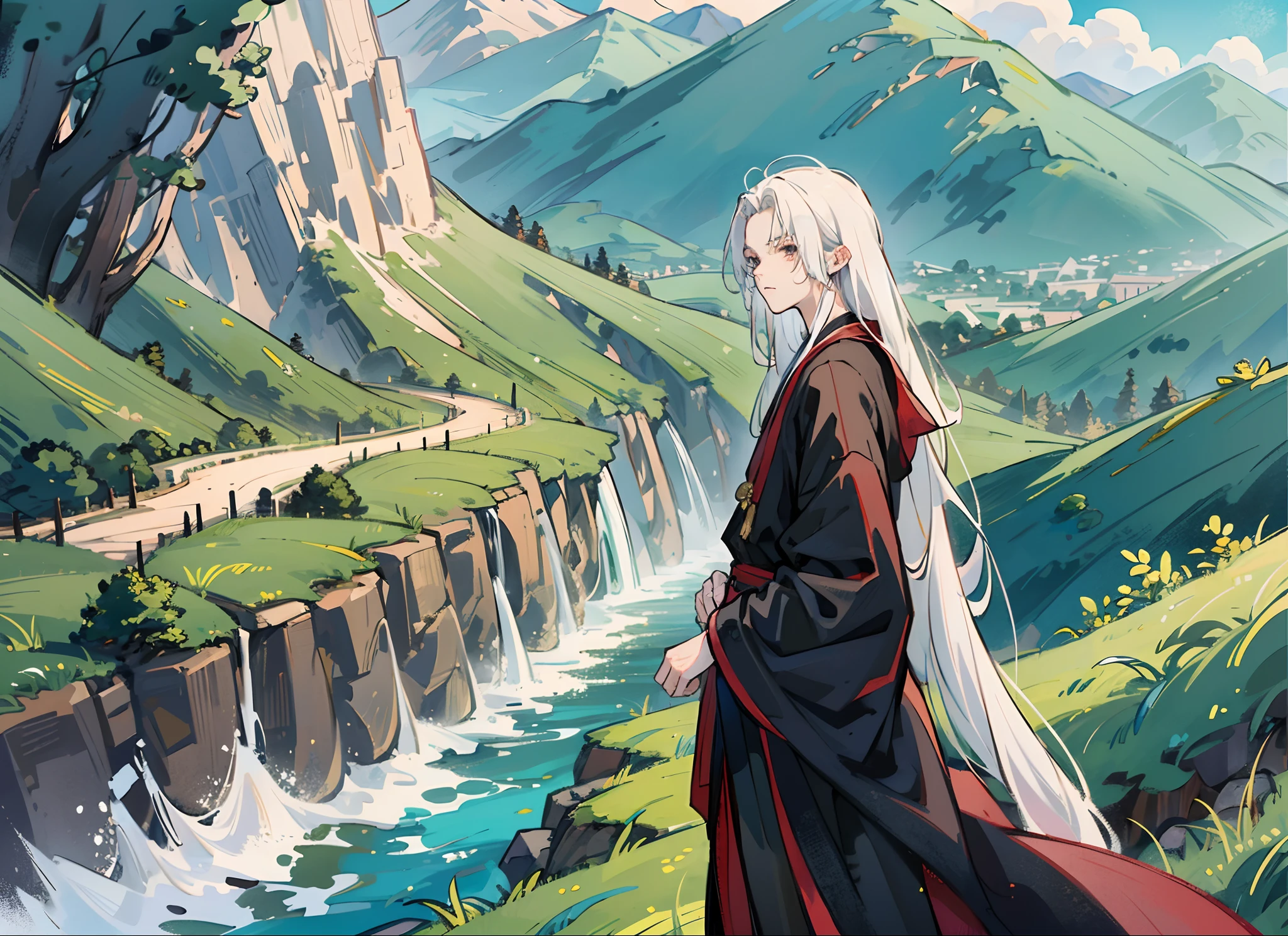 Anime, masterpiece, man, a boy, teenager, white hair, long hair, wearing black robes, breeze, trees, streams, Qingyunzong palace, mountain road, the overall appearance is dark