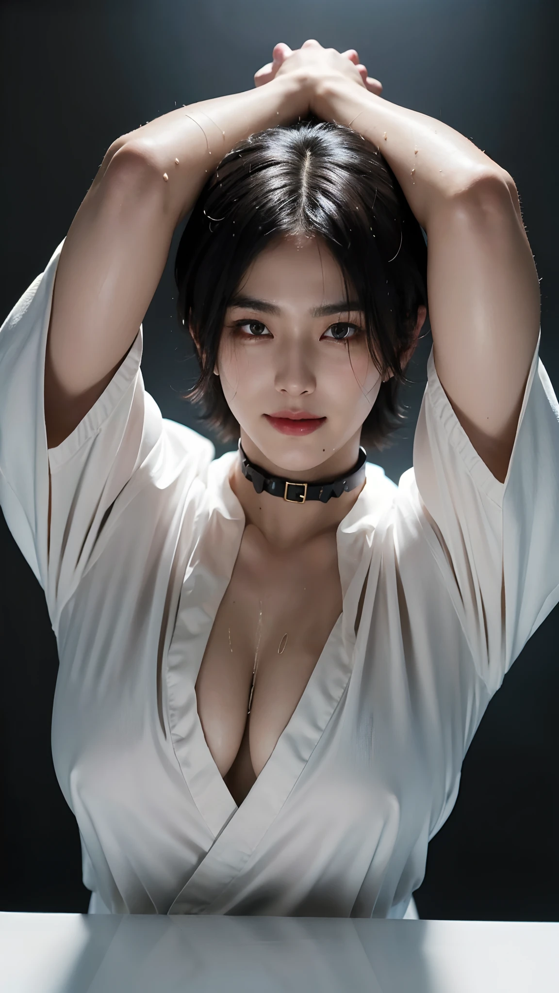 (1 person:1.9), human body shisuit, Hollow and shriveled, beautiful  boy, undercut hair style, (Turn your head and look),  (Look at the camera), (Head up), (high quality 16K anime), (tall body), Sweaty and sweaty, Powder blue vapor, Delicate skin, hermaphrodite, twink male body, (((Quiet smiled))), (Photorealism), masterpiece, best quality, portrait, Decent shirt, (Taiwanese super male 
emo idol:1.5), (realistic beautiful Asian),  close up and soft up to everything,  (nice male body shape:1.1), spot light, (super pale skin:1.4), golden make up, sharp focus, detailed anatomy, ultra-wonderful face detail, 19 years old, white  shirt, Hold a brush, with a ultra-cute face of a Japanese-Korean-Taiwanese young idol, (ultra-detailed eyes), (ultra-detailed skin), (super manly hair style), super wet juicy sexy soft lips, soft light, perfect yaoi face, photorealistic, (correct fingers), the light is very bright, hypermaximalist style: realistic, photorealism, photography, (A black cyber collar that tightens the neck:1.9), (Super strong male arms:1.9), (Extremely stout physique:1.9), (A strong male body is merging with him:1.9), ((((((ultra huge breasts)))))), single ponytail, (Beautiful face:1.9), (((wearing a wet white and yellow shirt))), (extremely detailed face:1.9), Placed in the center of the temple), armpit fetish, hands up, Traceless, Perspectiveal, Sparkle, (30% male head, 70% female head), (fusioned with a plump erotic body), the light is very bright, perfect hands, fox spirit in the body, fox mind controls this body, fox soul in this body, A seductive smile, Slender eyebrows, huge arms，Fusion with Kitagawa Keiko