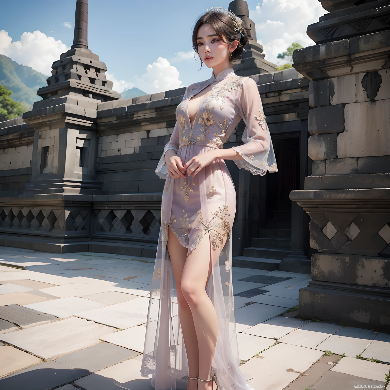 masterpiece,a realistic beautiful woman wearing kebaya,borobudur temple