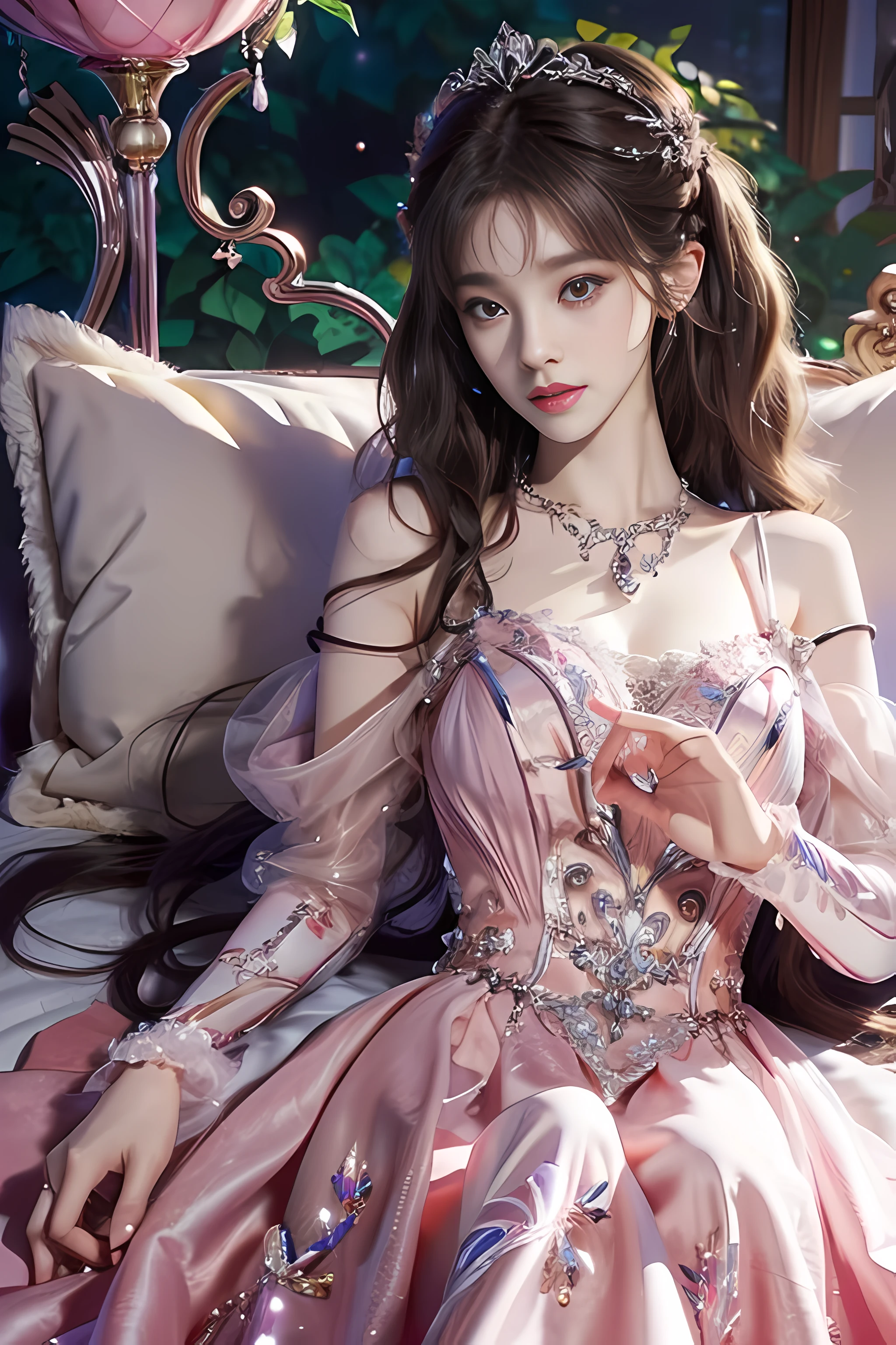 ((Realistic lighting, top quality, 8K, Masterpiece: 1.3)), Clear Focus: 1.2, 1 Woman, Perfect Beauty: 1.4, Yushu Heart, 1 Girl, Dress, Solo, Brunette Hair, Jewelry, Long Hair, Earrings, Bow, Long Skirt, Wood, Nature, Outdoor, Bare Shoulders, Airless Gainsboro, Long Dress, Hair Bow, Forest, Pink Bow, No Shoulder Straps, Standing, Necklace, Head Tilt, Chapped Lips, Wavy Hair, No Strap Dress, Lace Sleeves, Beautiful Virgin, Beautiful Korean Woman, Crown Princess on Head, Cute Elegant Pose, Bell Delfin, Wearing Pink Dress, Beautiful Fantasy Girl, Anime Princess, beautiful seductive anime woman, beautiful asian girl, attractive anime girl, elegant and charming cosplay, (lying in bed: 1.8), (beautiful sphere articulated doll: 1.3), luxurious princess dress