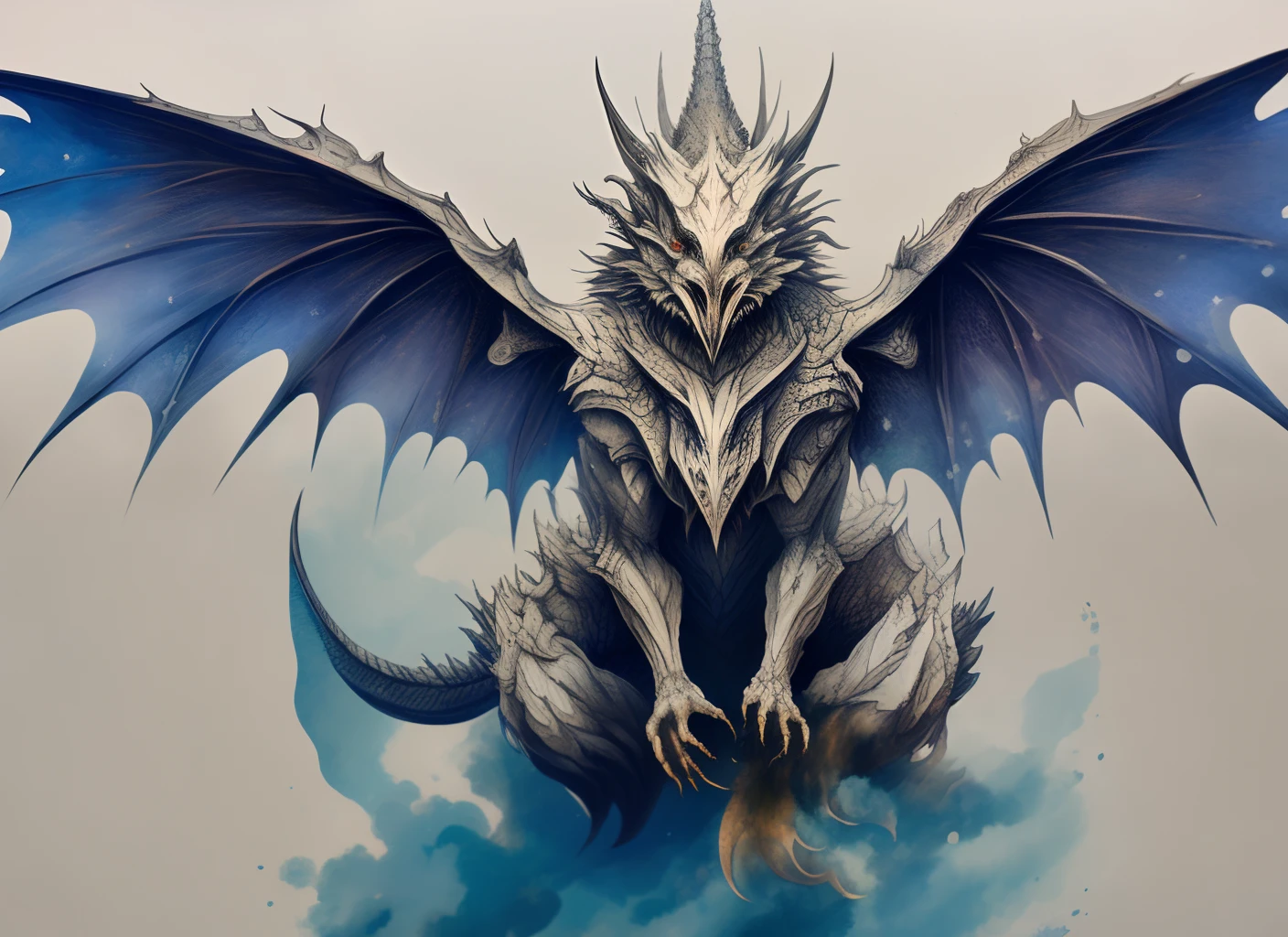 (Highest image quality, tmasterpiece:1.2)、Super meticulous, illustration, Western White Dragon, Solid white,(eyes blue), The body is white, Divide hair in the middle, combat state, detail-rich, Bright light, Wings spread, The claws are sharp, Mighty breath, ((Highest image quality)), ((tmasterpiece))