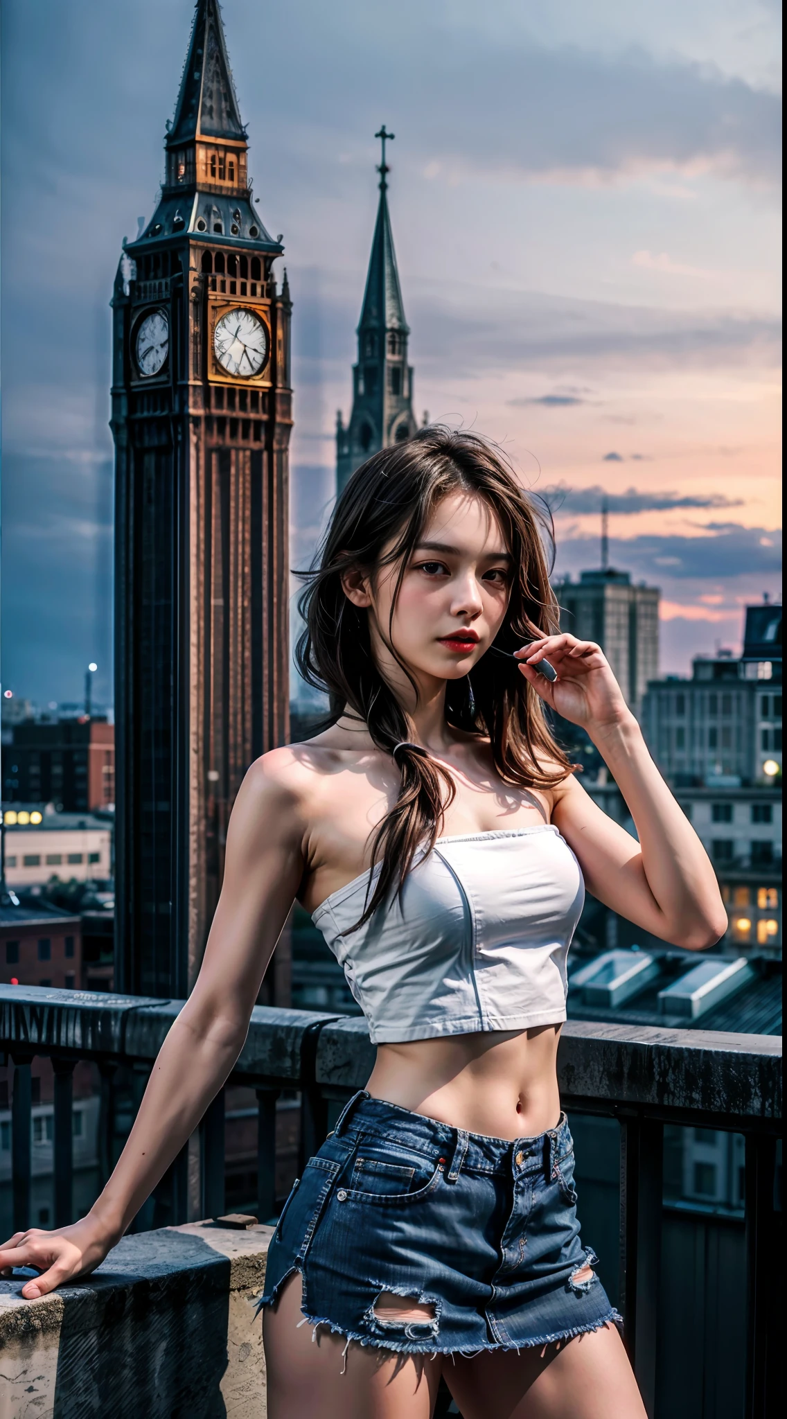 (1girll), Russian, Solo, Long_Hair, Wearing(Denim strapless shirt, White miniskirt), Photo(Medium Shot Shot), Portrait, standing, angle of view, Blurry_Background, Background(Night, Tower, Rooftop, nightlight), (Photorealistic, absurderes, Best_quality:1.55),