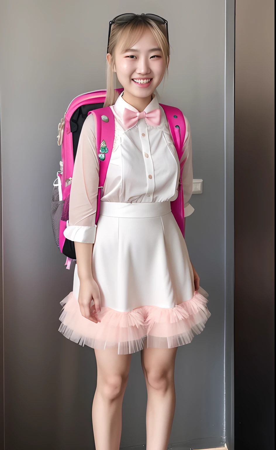 masterpiece, best quality, hd, realistic, 80mm, 1girl,smile,18 y.o, Asian young woman, blonde hair, hair band, white dress, pink bowtie, pink skirt, party dress, backpack, gray wall background