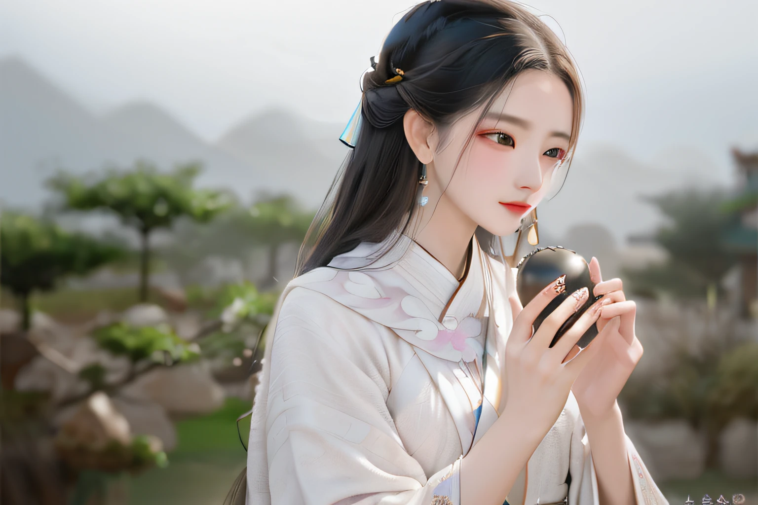 There was a woman holding a gushan, Palace ， A long-haired girl in Han clothes, exquisite facial features，Guviz-style artwork, White Hanfu, Guviz, Inspired by Ai Xuan, Inspired by Huang Ji, Hanfu, Beautiful character painting, Inspired by Tang Yifen, with acient chinese clothes, Inspired by Qiu Ying