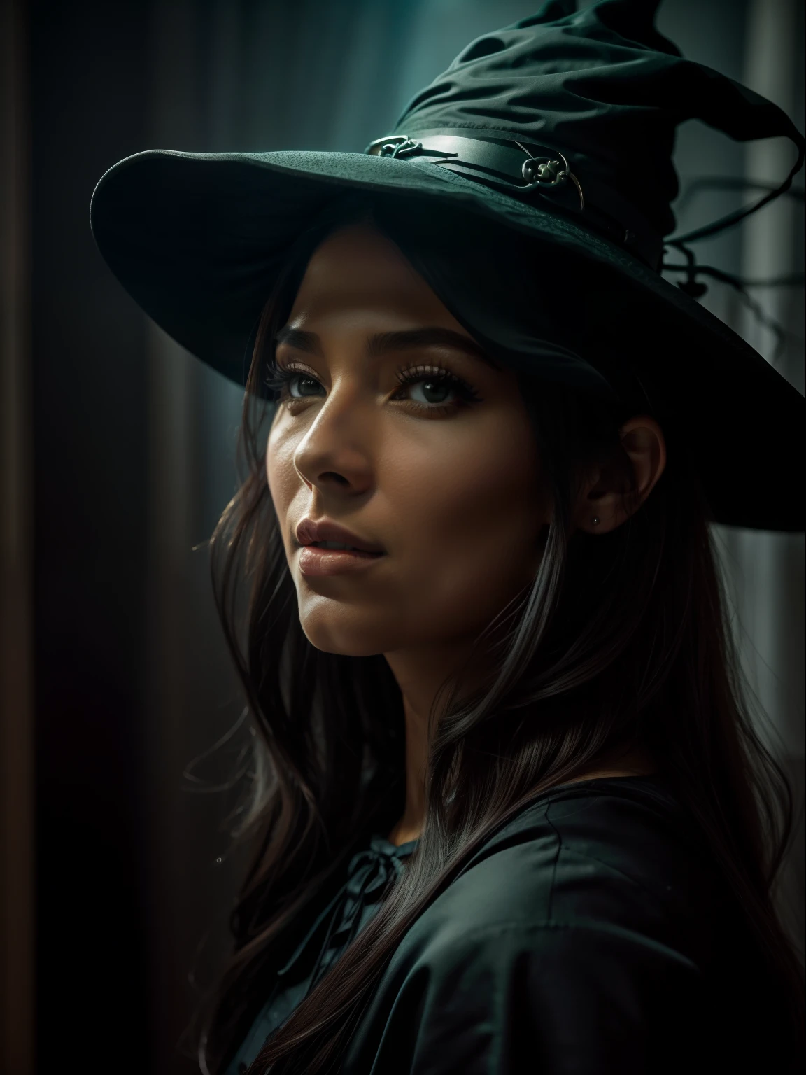 (obra-prima), (melhor qualidade), fotorrealismo, realista, ultra detalhado, 8K分辨率, (1girl), solo, menina bonita, cabelo branco, bruxa, luz frontal, cinematiclight, luz fria, fundo escuro, witch hat, interior, mystery, fantasia, em uma sala assombrada, velas