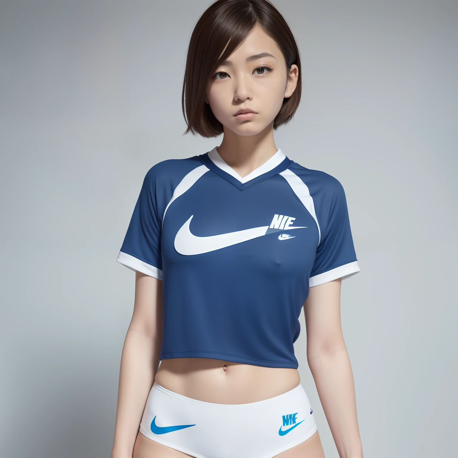 (Solo), (a detailed full-body RAW photo of a girl), (masutepiece:1.0), (Best Quality:1.4), (超A high resolution:1.2), (Photorealistic:1.4), 8K resolution, Canon EOS R5, 50 millimeters, absurderes, ultra-detailliert, (40yo), back focus, Cinematic lighting, Detailed beautiful face, (no-makeup:1.2), (ulzzang -6500-v1.1), petite figure, Detailed skin texture, (flat chest:1.4), (skinny and fit body:1.6), Detailed brown hair, sweltering,(Very short hair:1.5), See Through wear, (fit blue,white nike lacrosse uniform:1.5), (mini skirts), More transparent, low rise, realistic glistening skin, Detailed texture, (erect nipples:1.5), (masami nagasawa:0.7), Cameltoe, well-developed abs,