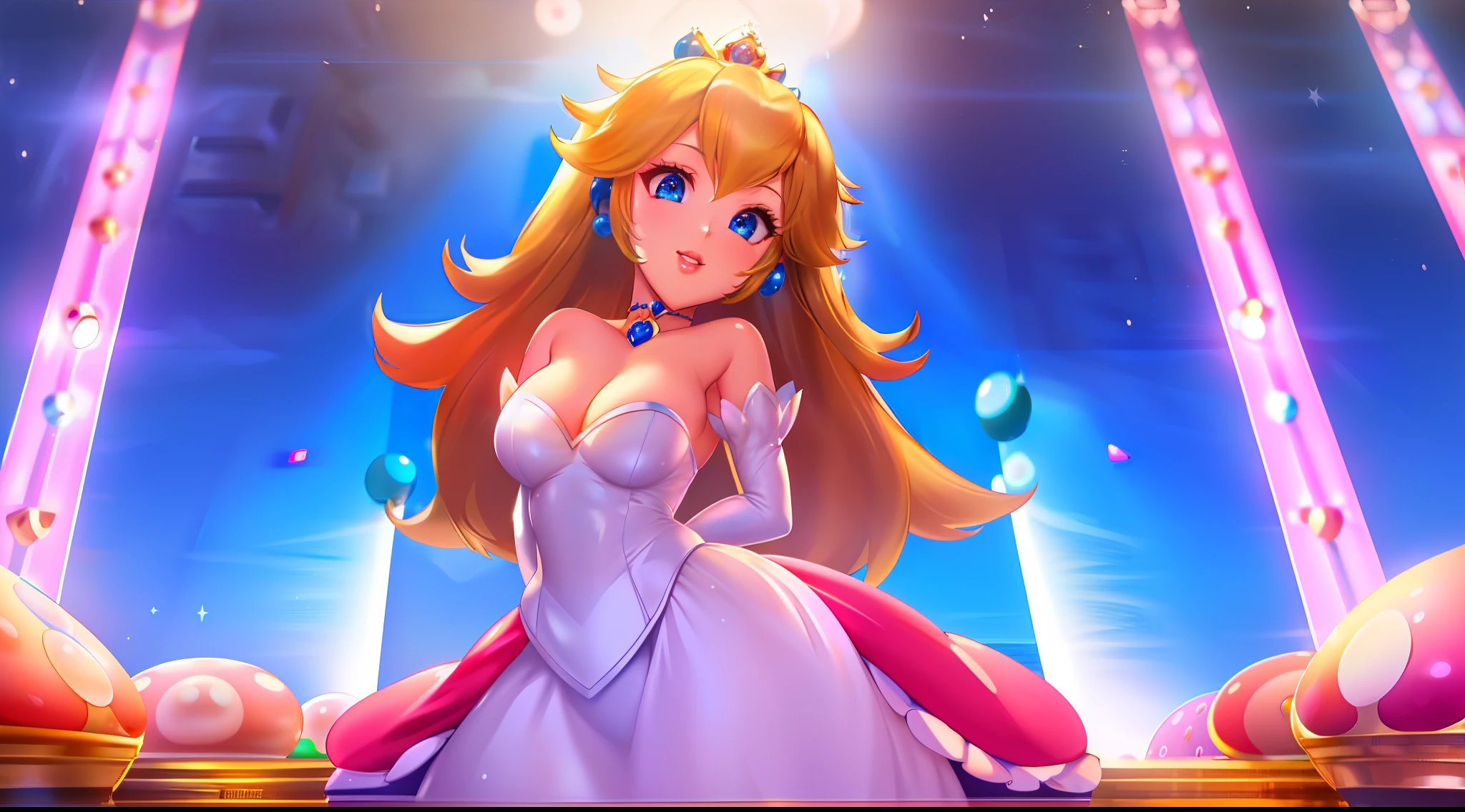 highres,masterpiece,perfect ligthing,bloom,cinematic lighting,adult,perfect skin,female,cowboy shot,smile,narrow waist,skinny,(PrincessPeach),(Princess Peach),choker,detailled eyes,blue eyes,choker,sensual,mushrooms,mushroom kingdom,pink lips,((glossy lips)),pursed lips,pink pumps,glossy skin,oily skin,beautiful light,(day:1.3),bright,looking at viewer,(phcrystal),