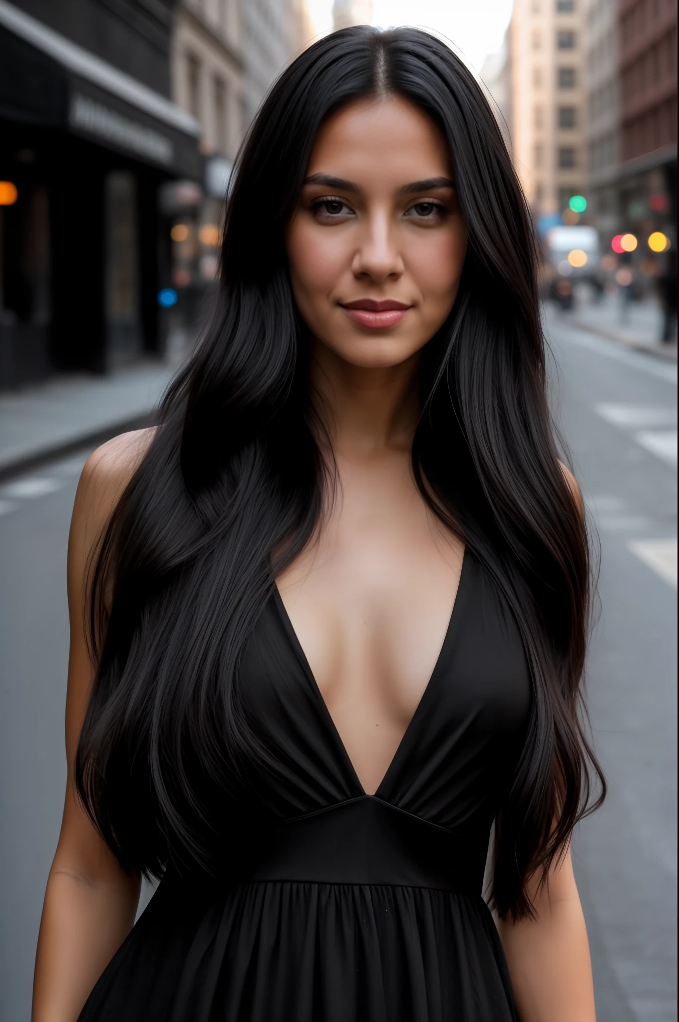 RAW photo, Close-up portrait photo in black dress, Long hair, (full bodyesbian:0.3) Slim body, The background is New York Street, (highdetailskin:1.2), 8K UHD, Digital SLR, Soft lighting, High quality, filmgrain, Fujifilm XT3