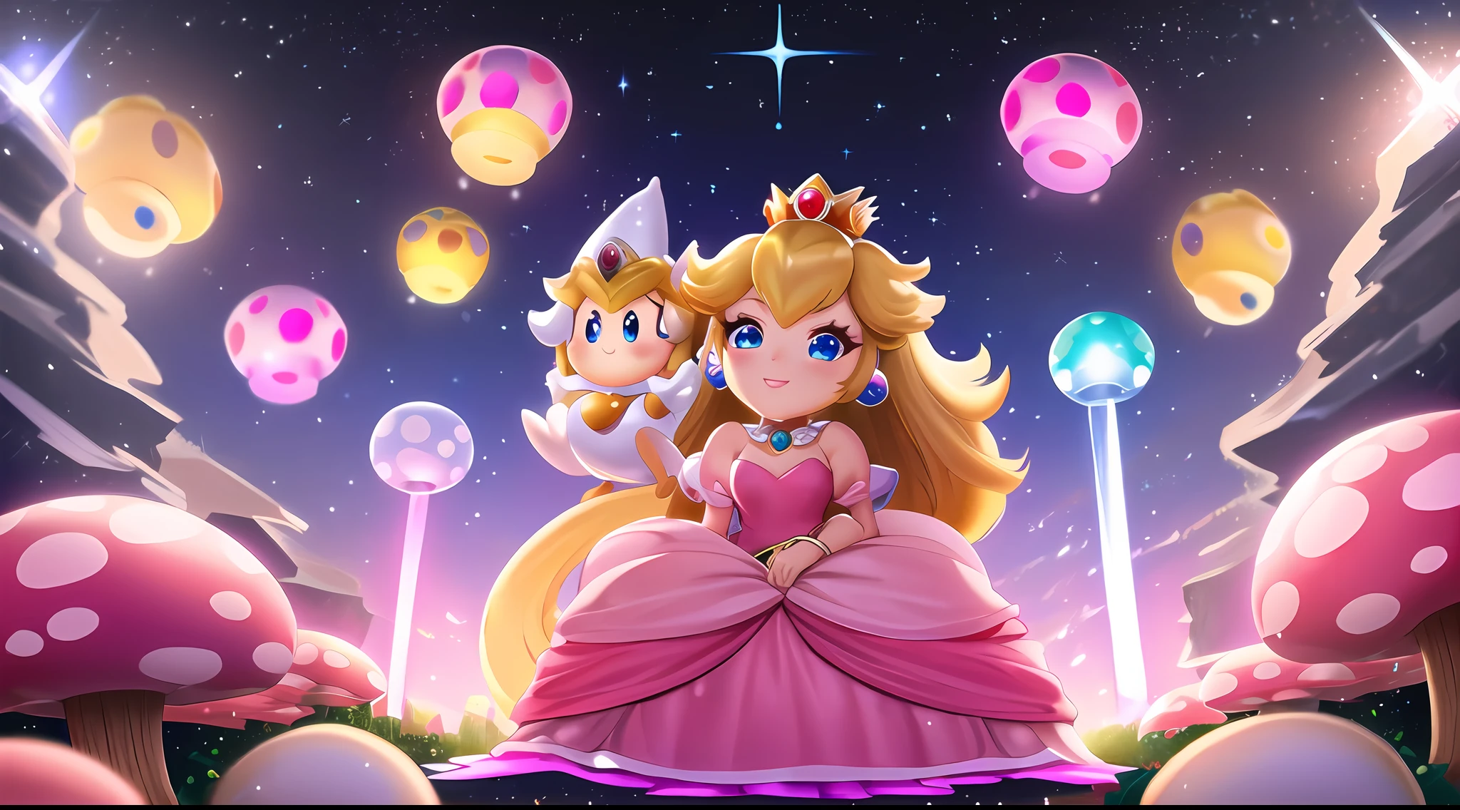 Altas Resoluciones,Obra maestra,perfect ilumination,florecer,cinematic lighting,adulto,piel perfecta,hembra,Disparo de vaquero,They are smiling,cintura estrecha,flaco,(Princesa Peach),(princess peach),gargantilla,ojos detallados,ojos azules,gargantilla,Sensual,mushrooms,Reino de los hongos,labios rosados,((labios brillantes)),labios fruncidos,Bombas rosas,piel brillante,piel grasa,hermosa luz,(tag:1.3),brillante,Mirando al espectador,(phcrystal),