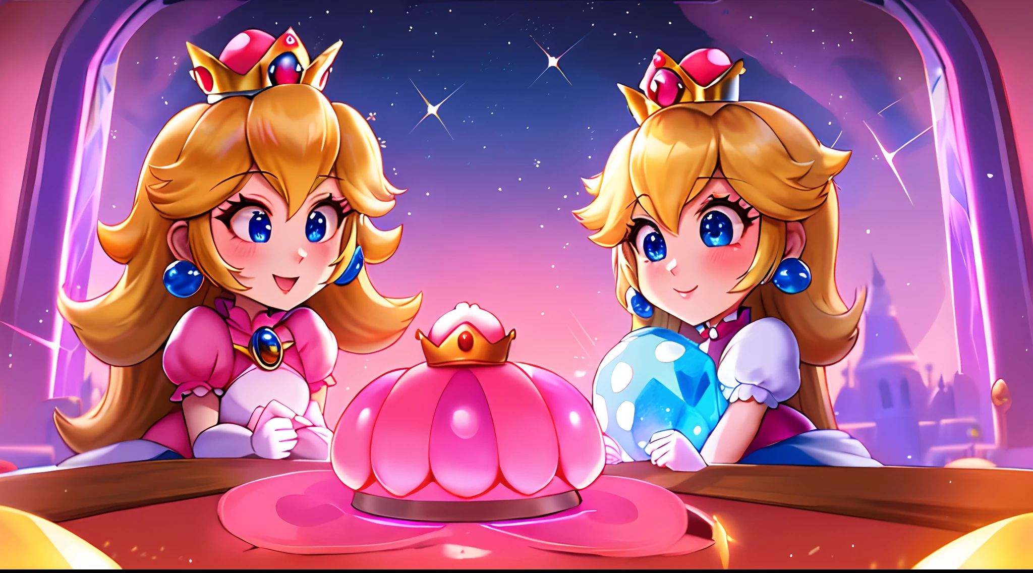 Altas Resoluciones,Obra maestra,perfect ilumination,florecer,cinematic lighting,adulto,piel perfecta,hembra,Disparo de vaquero,They are smiling,cintura estrecha,flaco,(Princesa Peach),(princess peach),gargantilla,ojos detallados,ojos azules,gargantilla,Sensual,mushrooms,Reino de los hongos,labios rosados,((labios brillantes)),labios fruncidos,Bombas rosas,piel brillante,piel grasa,hermosa luz,(tag:1.3),brillante,Mirando al espectador,(phcrystal), 1 mario, mario and peach couple, mario bross, 1 girl , 1 boy,