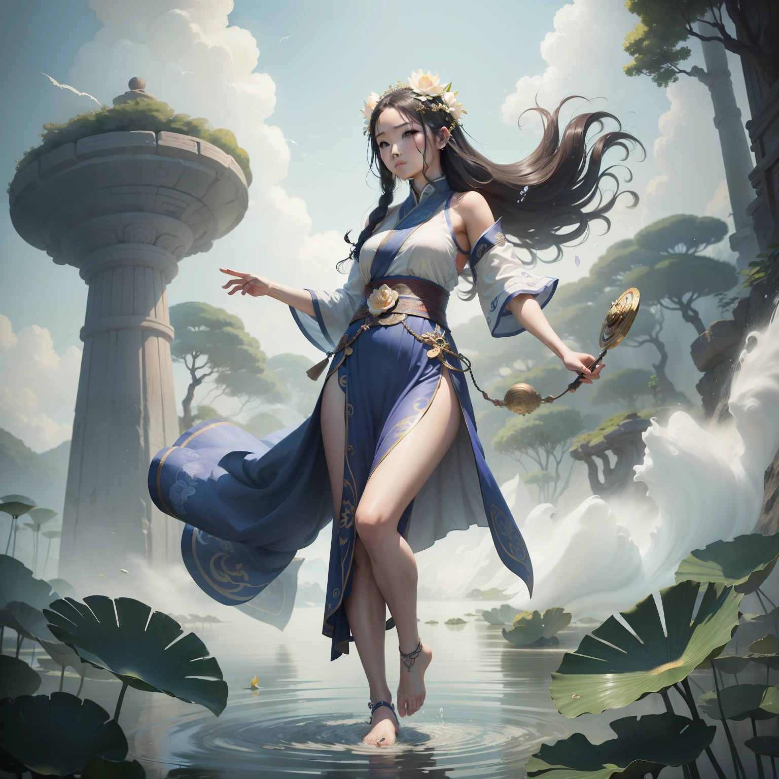 (Goddess of ancient winds,best qualtiy+4k,Ink wind,Hanfu goddess with barefoot,The water did not reach the ankle,Lotus background)
