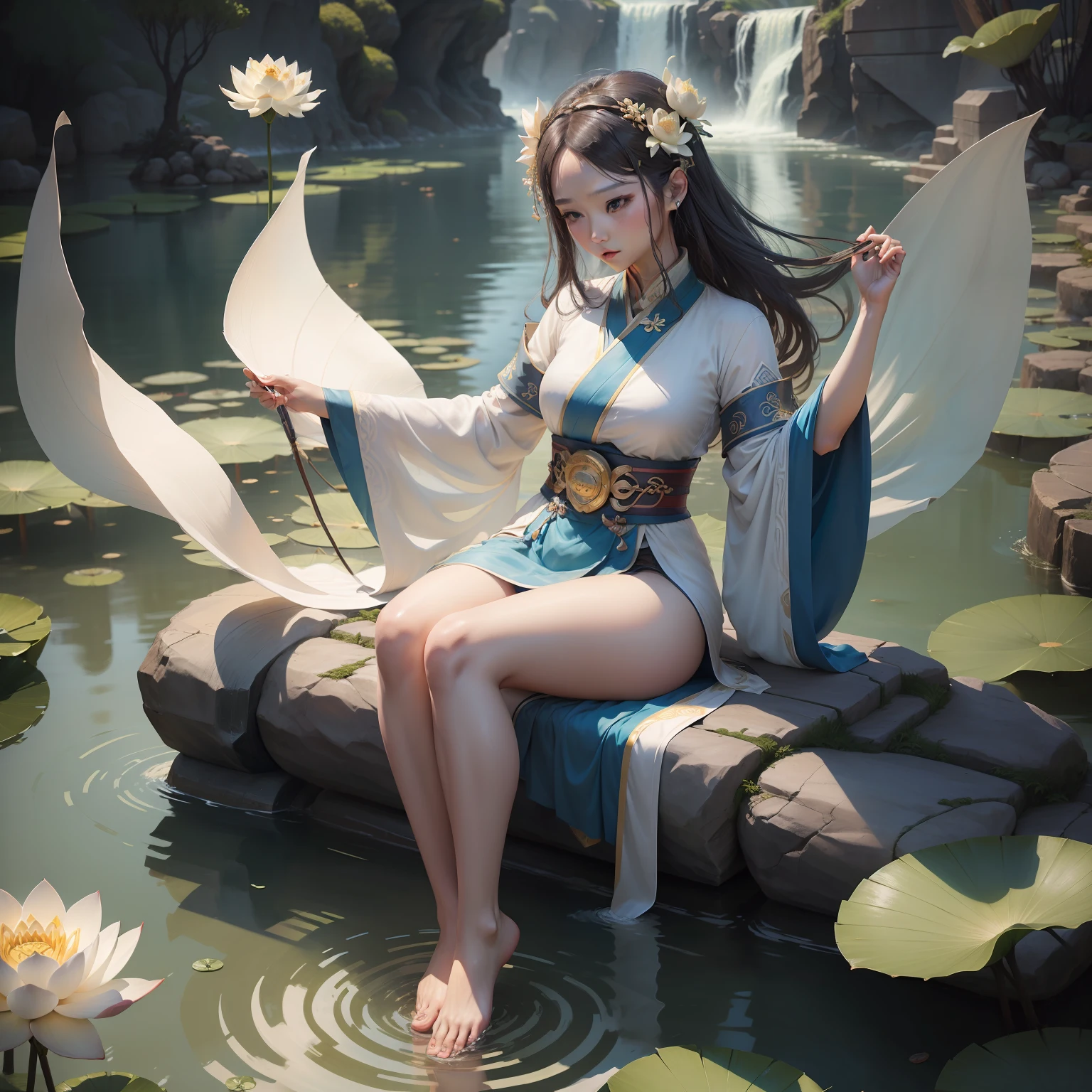 (Goddess of ancient winds,best qualtiy+4k,Ink wind,Hanfu goddess with barefoot,The water did not reach the ankle,Lotus background)