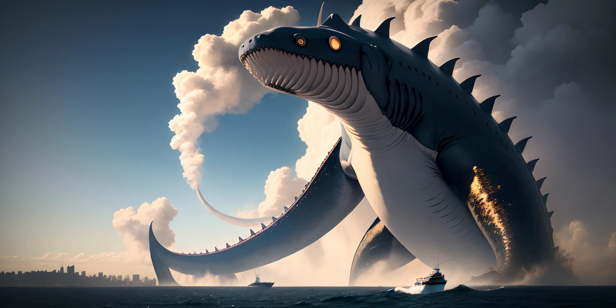 Deep sea phobia leviathan giganticizes humans overlooking the city,The sky was filled with smoke of ash